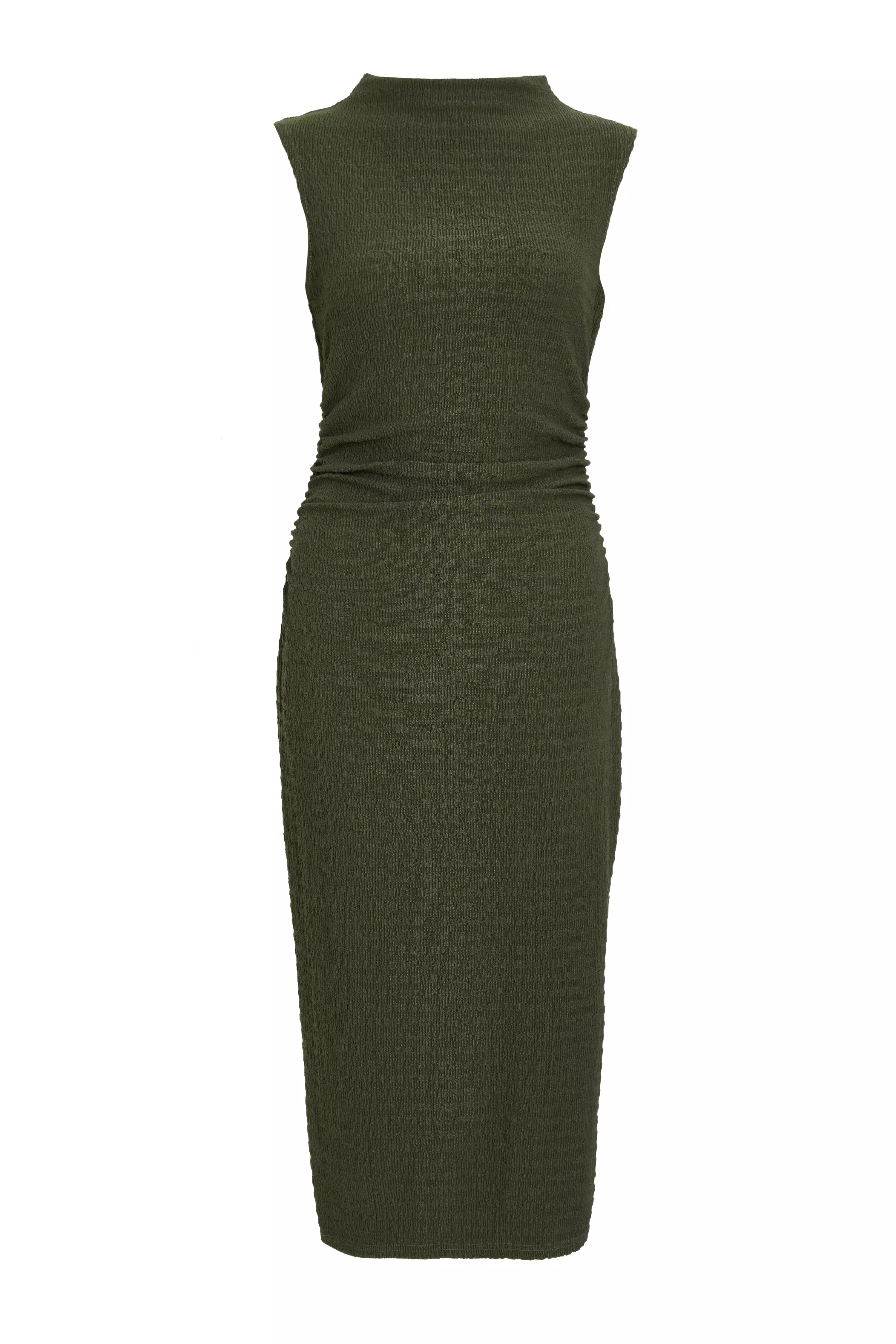 Khaki Textured Ruched Midi Dress