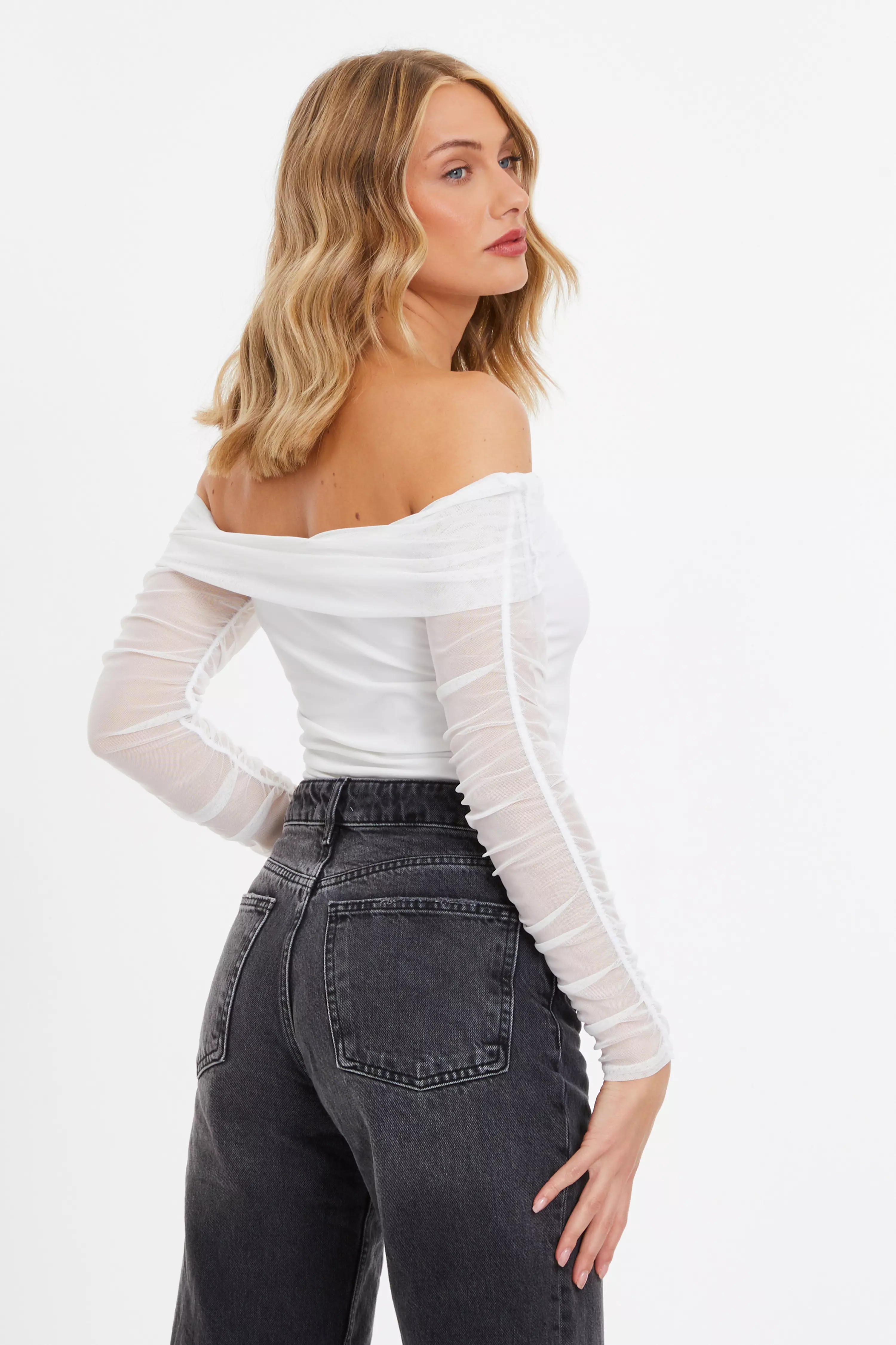 Cream Mesh Ruched Bardot Top