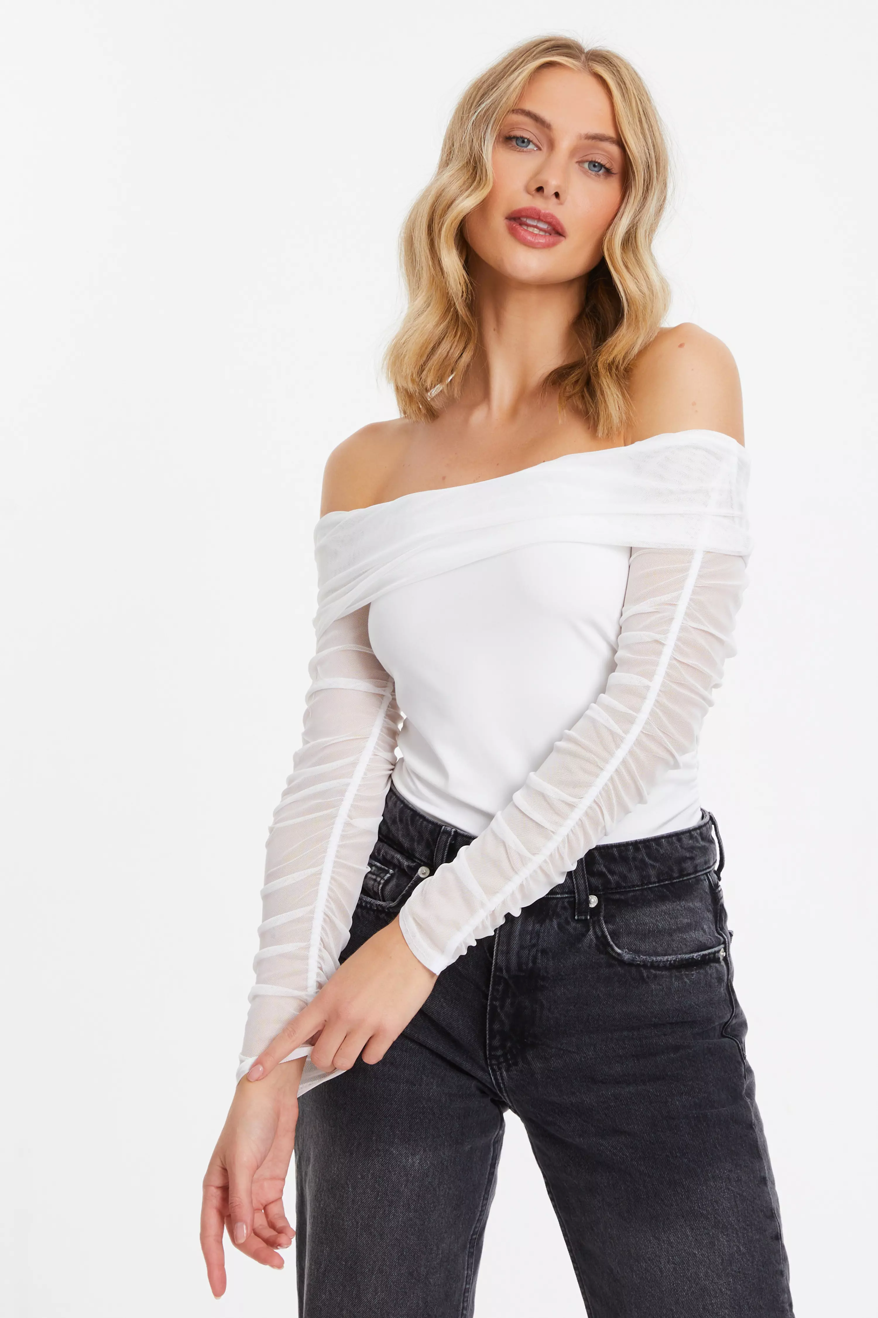 Cream Mesh Ruched Bardot Top