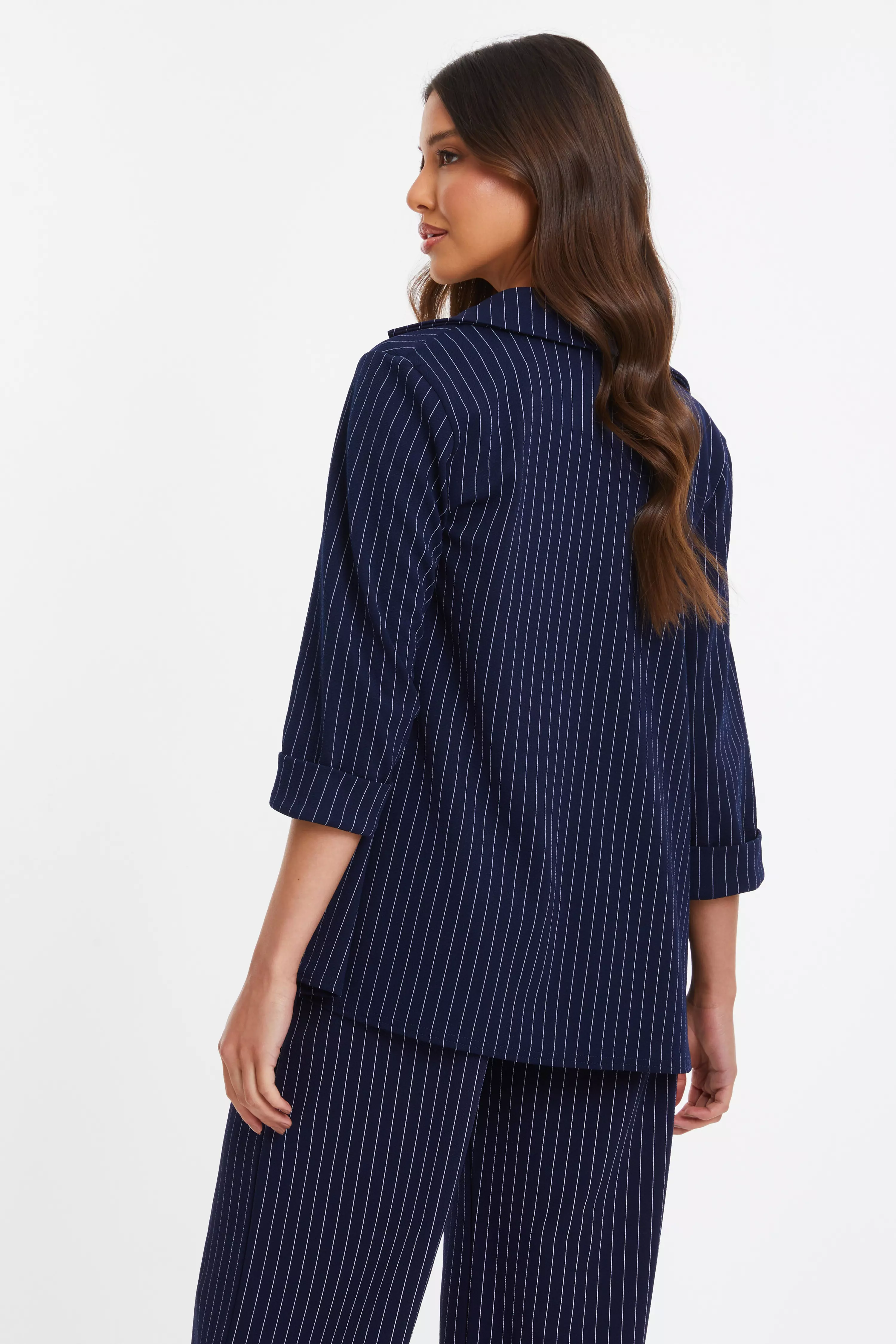 Navy Pinstripe Ruched Sleeve Blazer