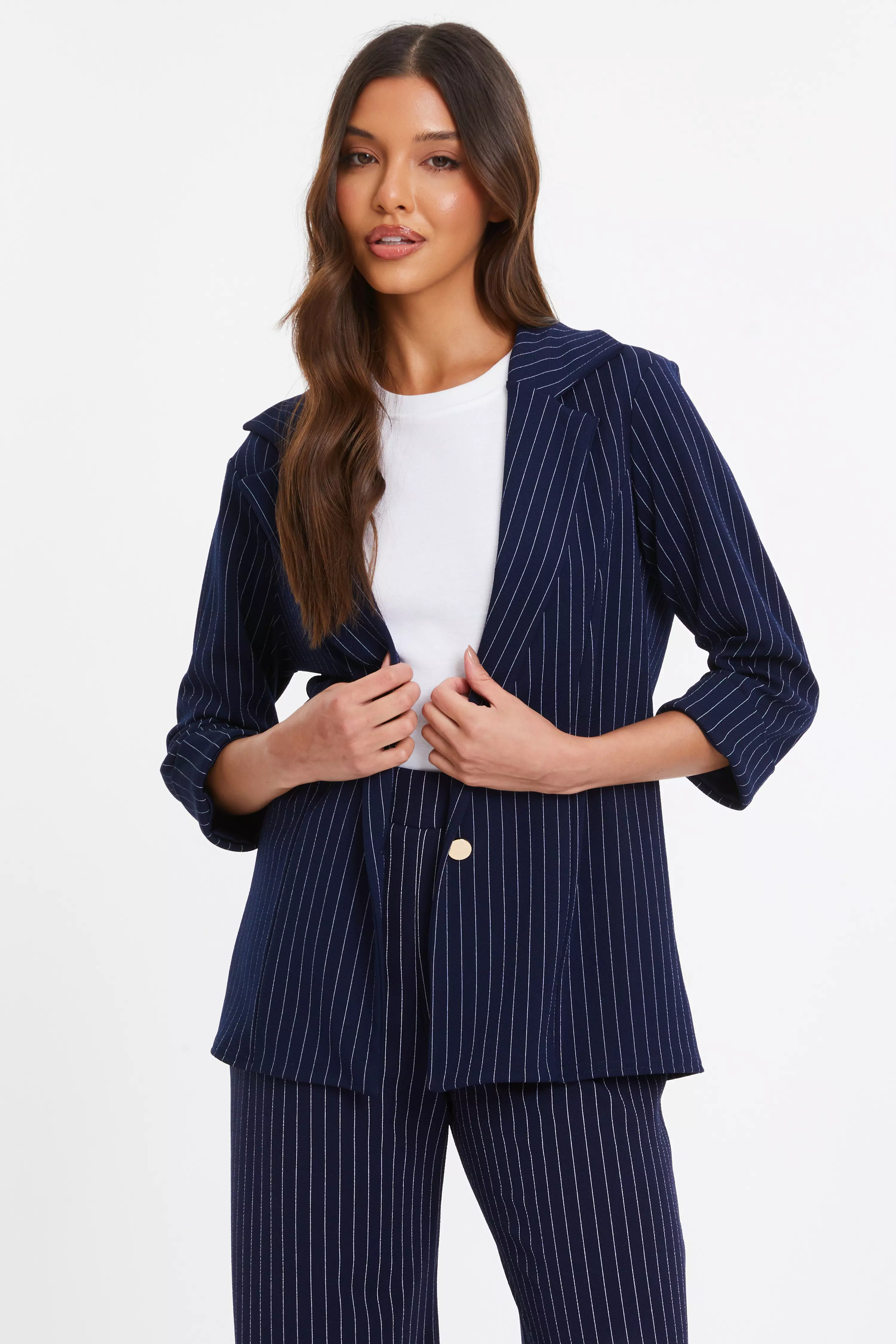 Navy Pinstripe Ruched Sleeve Blazer