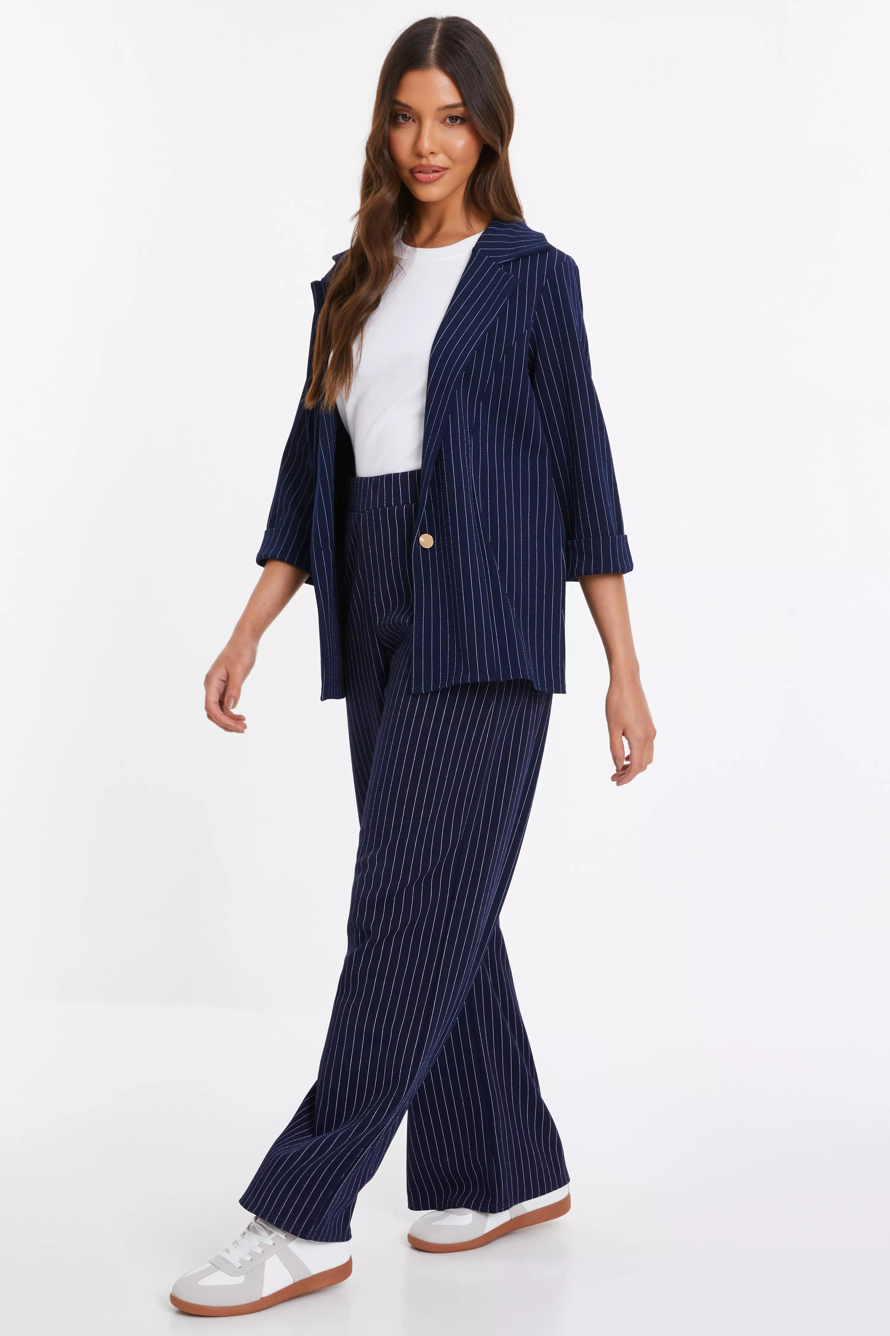 Navy Pinstripe Ruched Sleeve Blazer