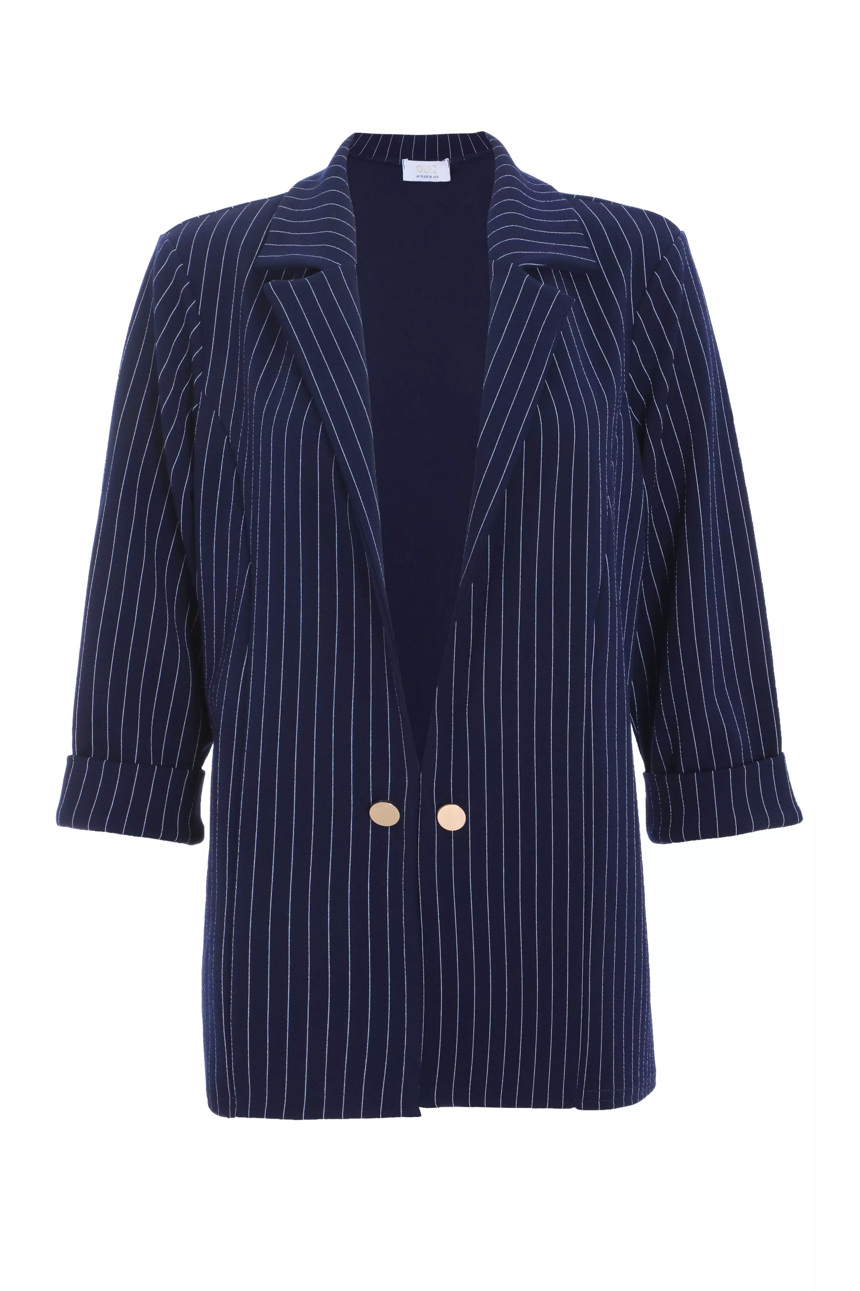 Navy Pinstripe Ruched Sleeve Blazer