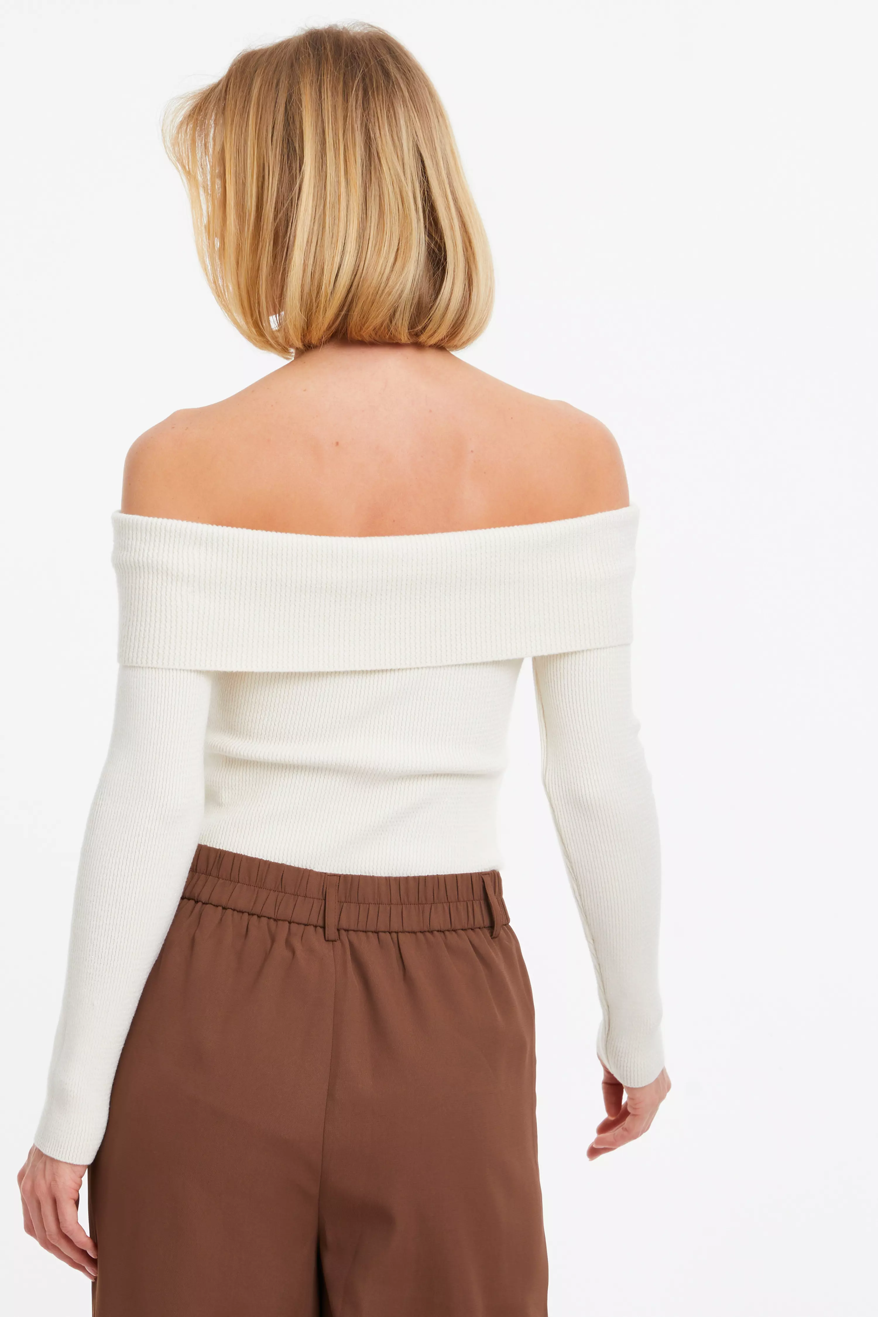 Cream Ribbed Bardot Jumper