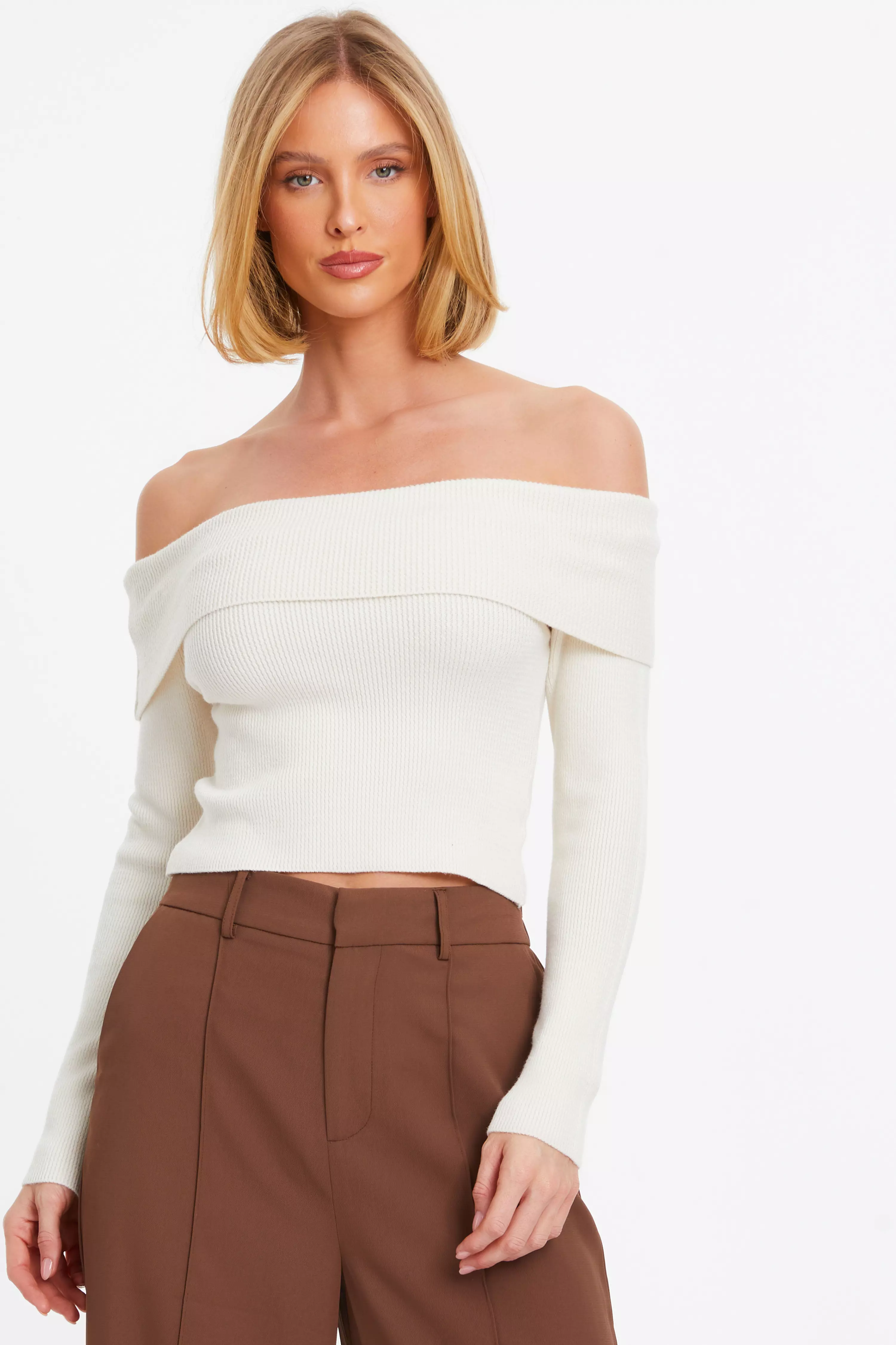 Cream Ribbed Bardot Jumper