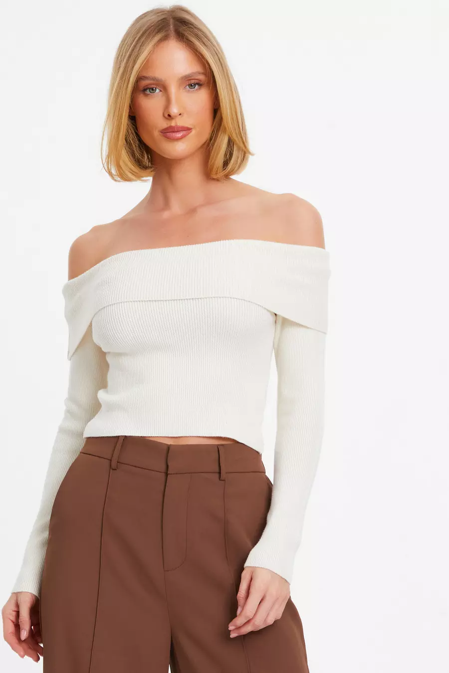 Cream Ribbed Bardot Jumper QUIZ Clothing