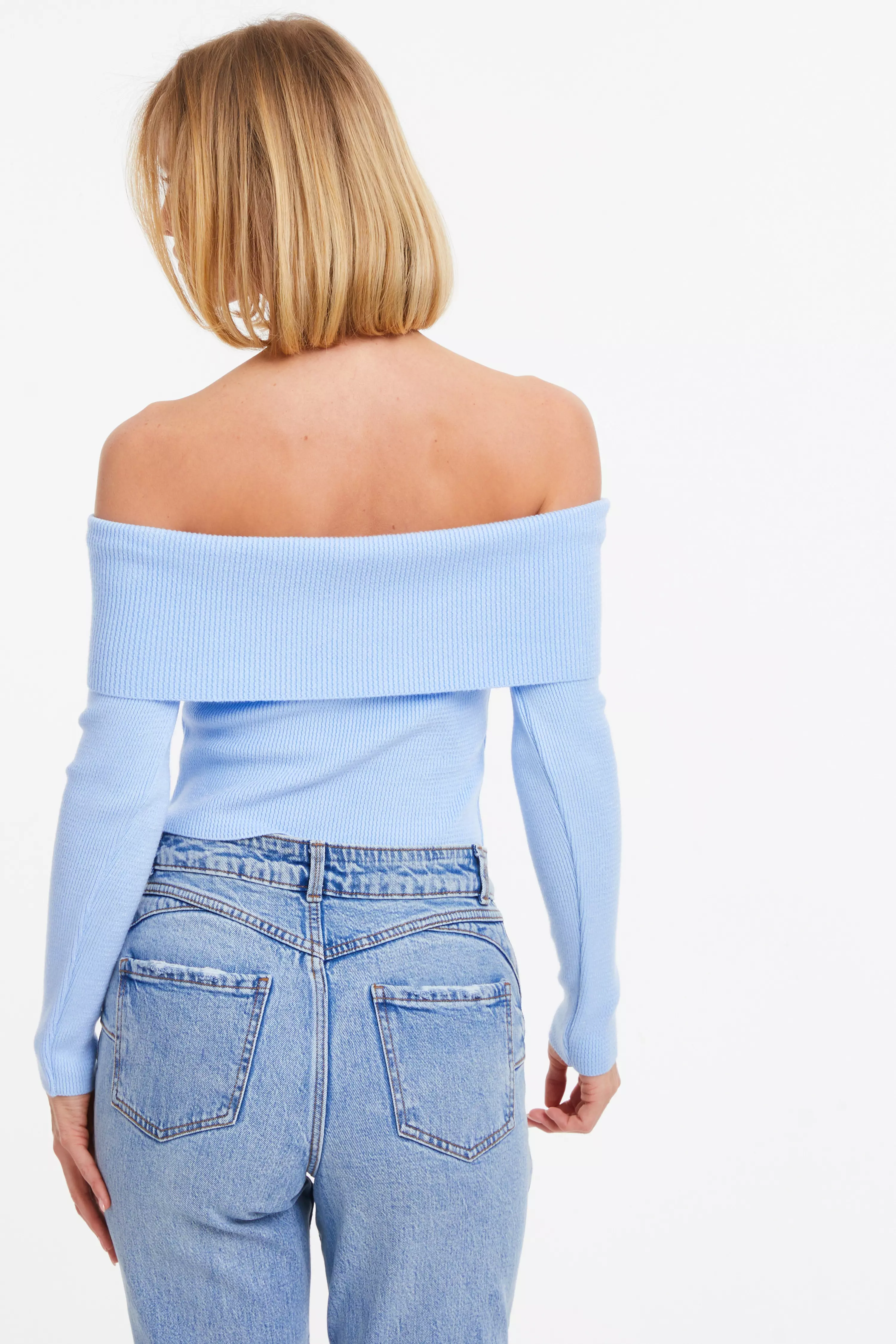 Blue Ribbed Bardot Jumper