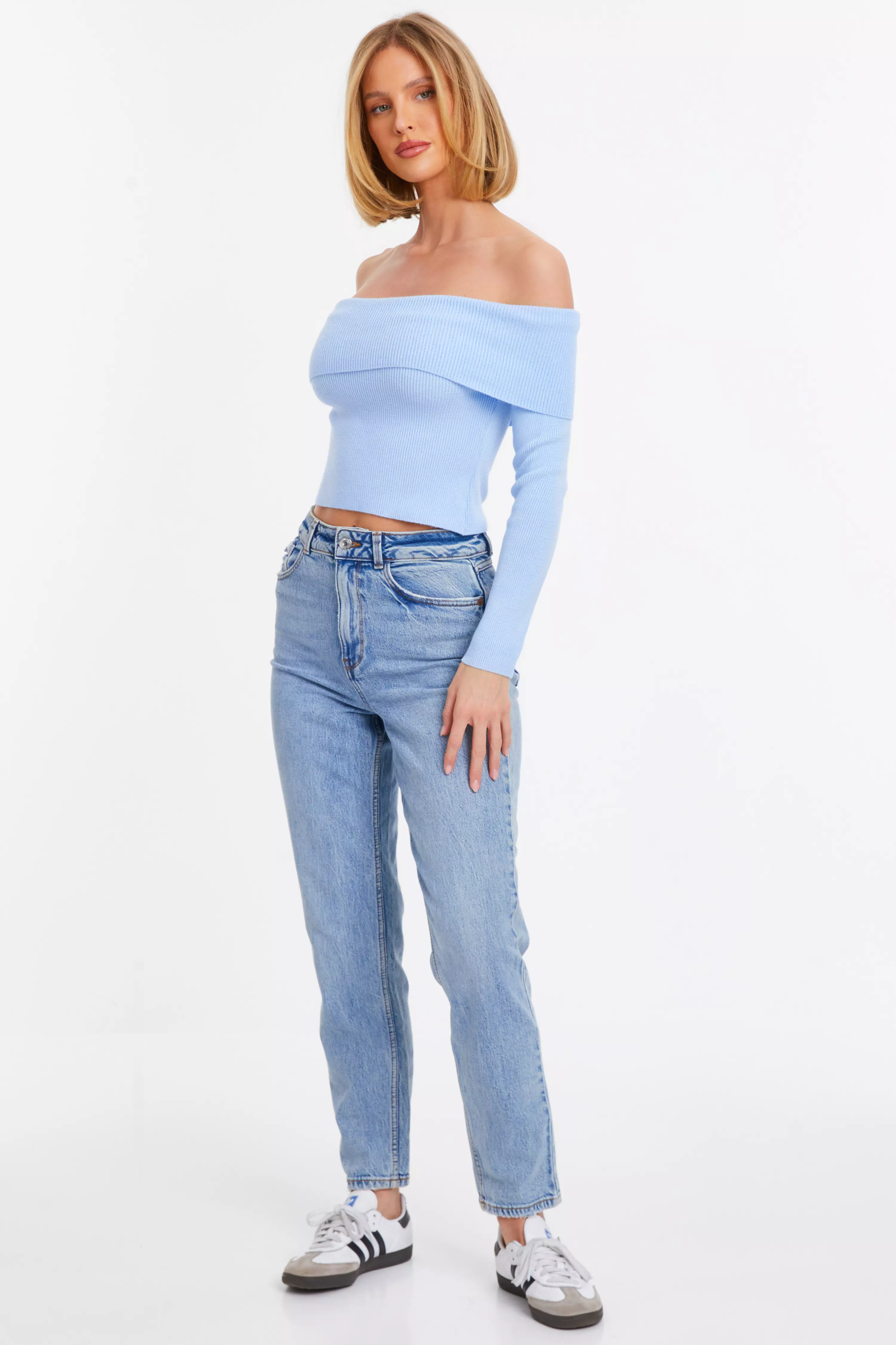 Blue Ribbed Bardot Jumper