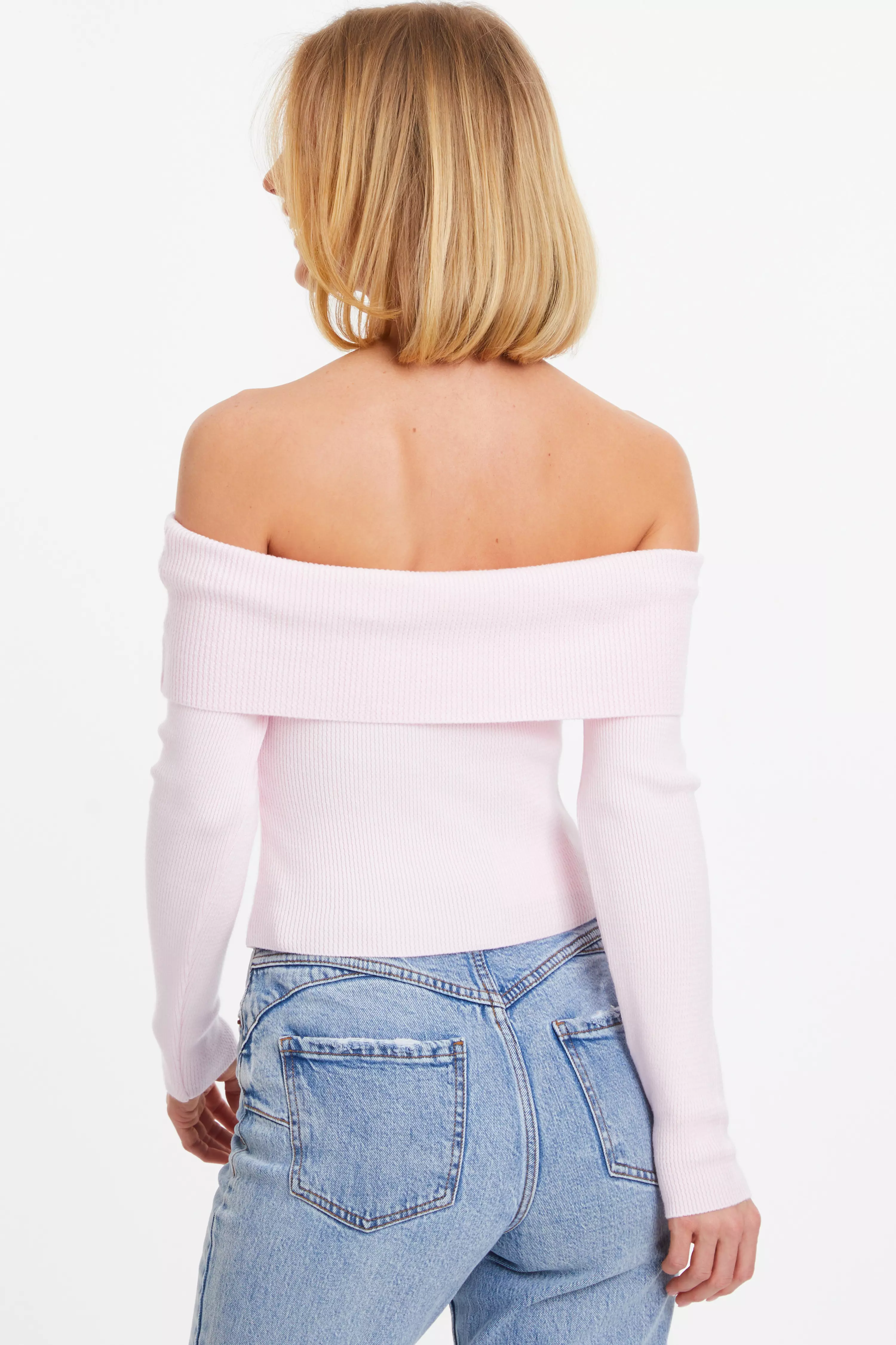 Pink Ribbed Bardot Jumper