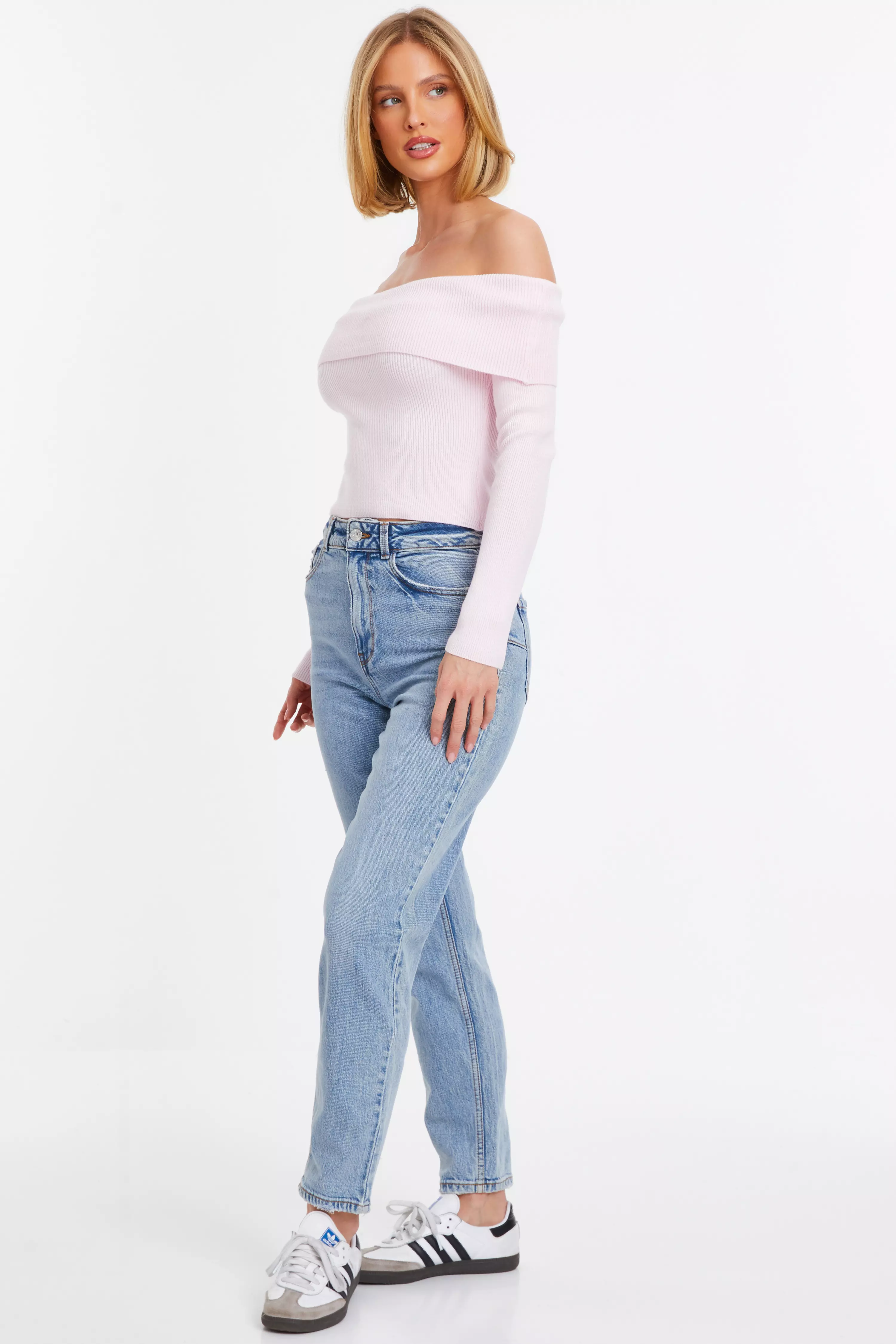 Pink Ribbed Bardot Jumper