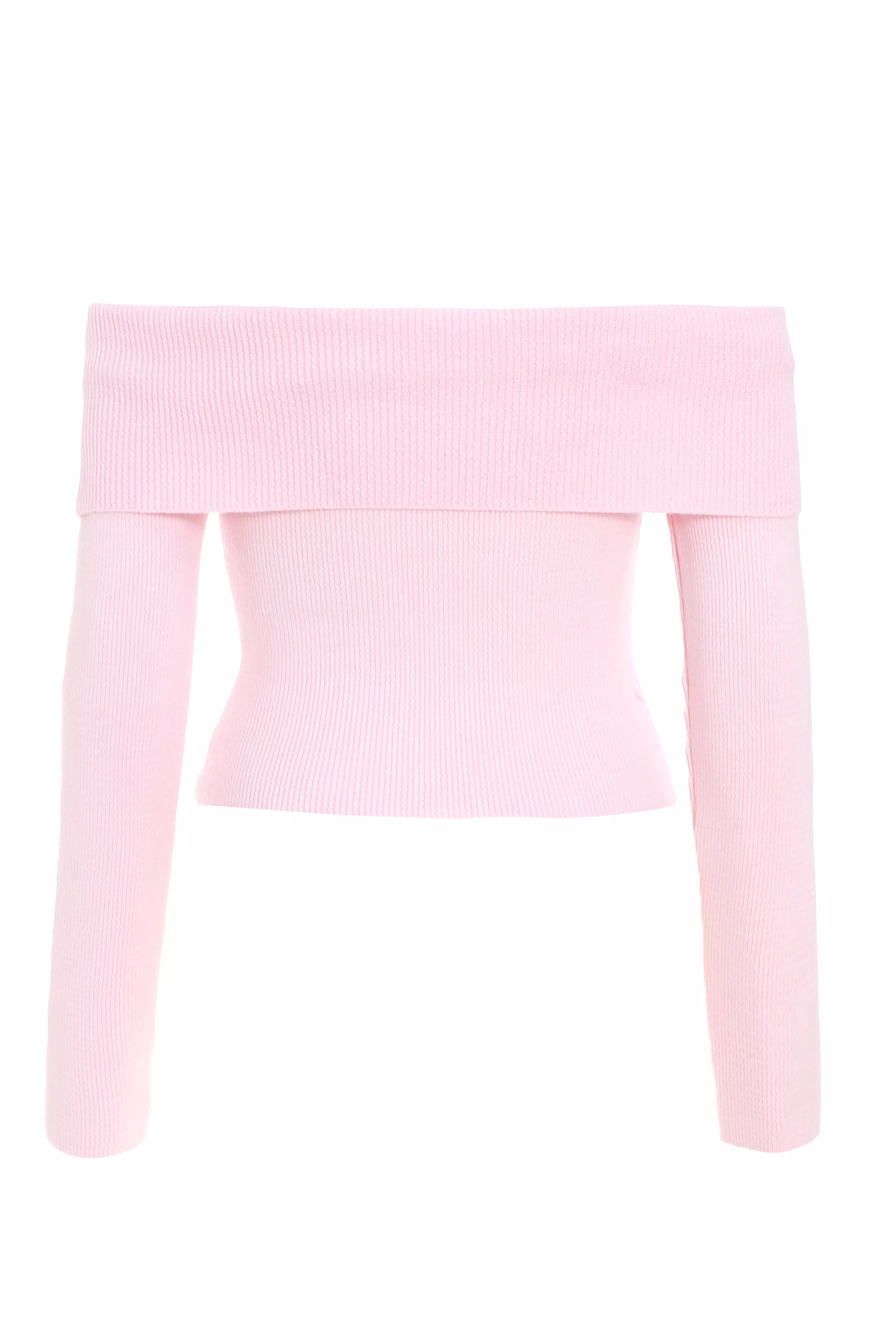 Pink Ribbed Bardot Jumper