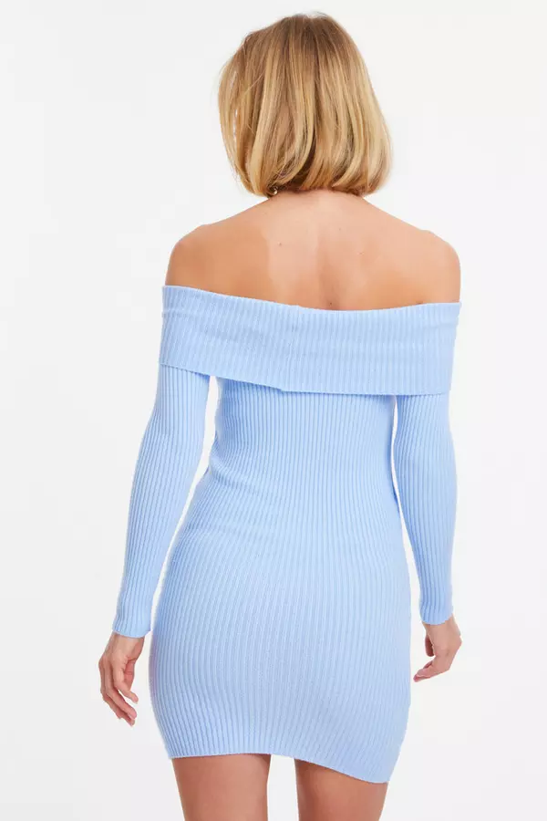 Blue Ribbed Knitted Mini Jumper Dress