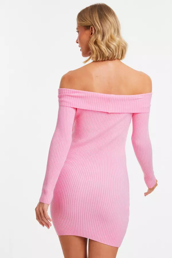 Pink Ribbed Knitted Mini Jumper Dress
