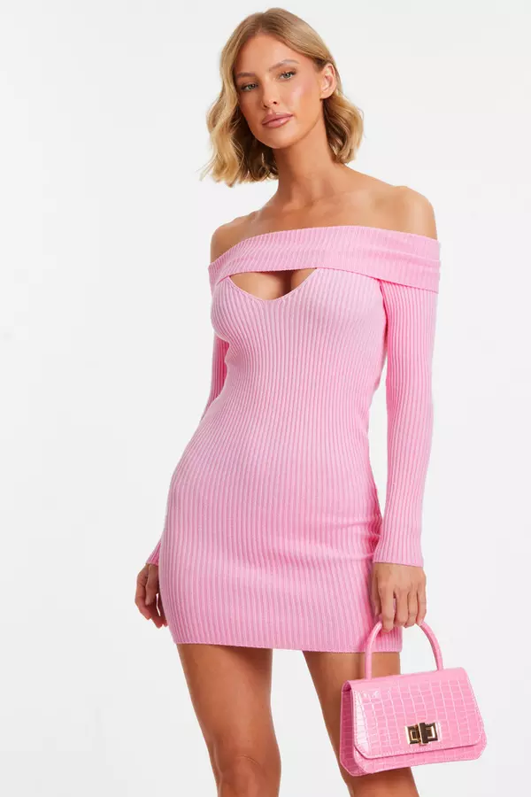 Pink Ribbed Knitted Mini Jumper Dress