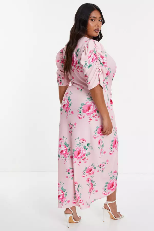 Curve Pink Floral Wrap Maxi Dress