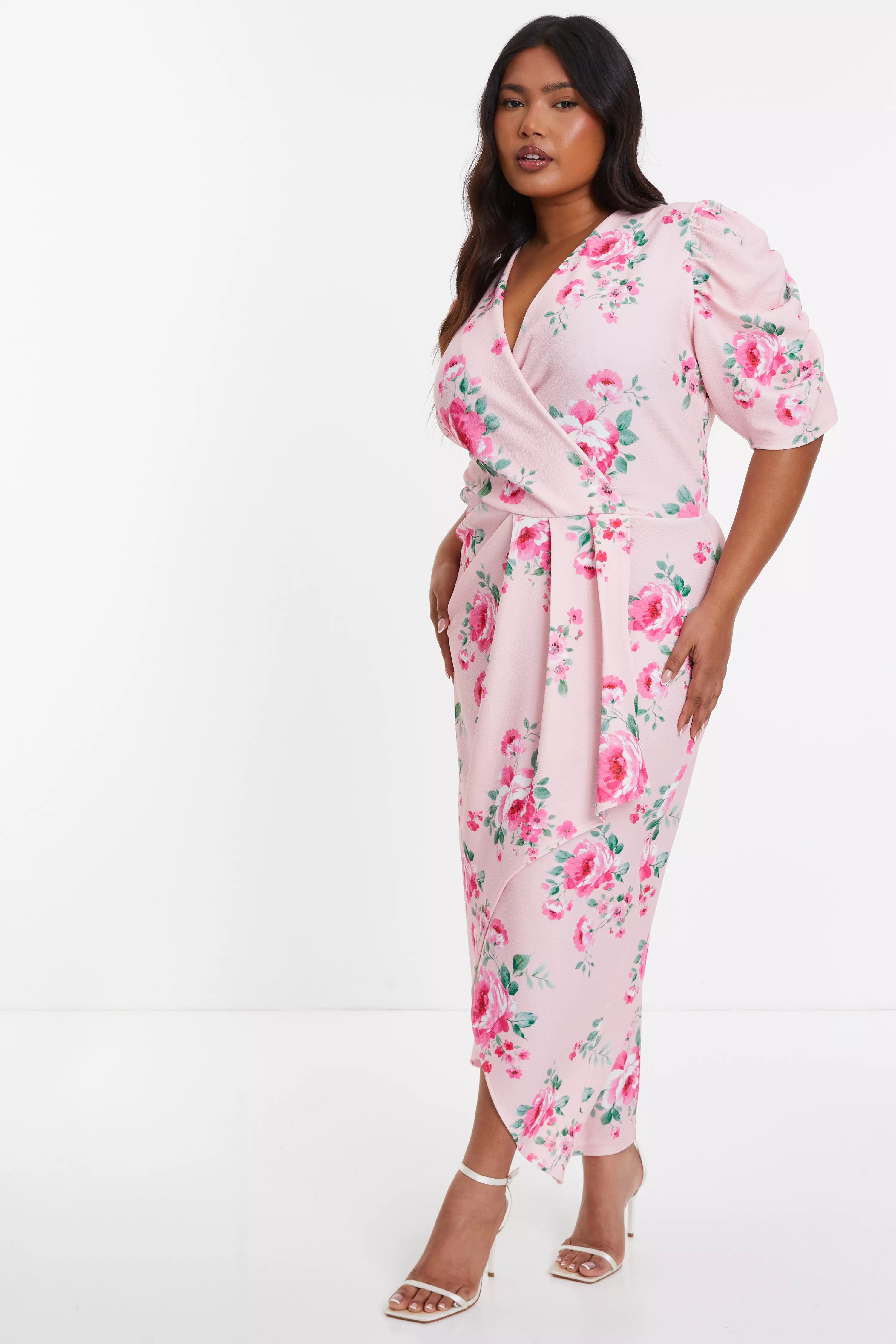 Curve Pink Floral Wrap Maxi Dress