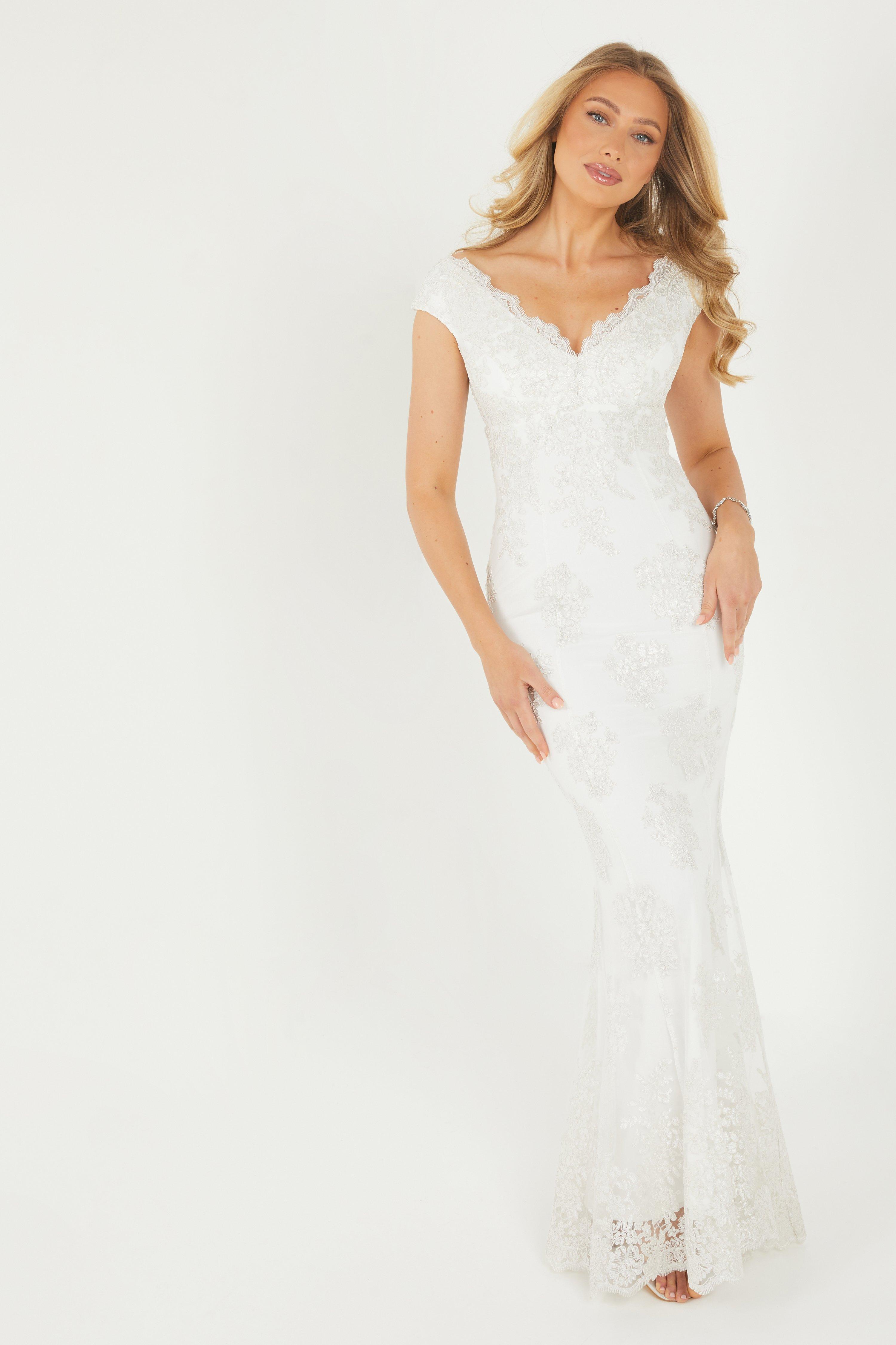 Clara white lace 2024 bardot fishtail bridal dress