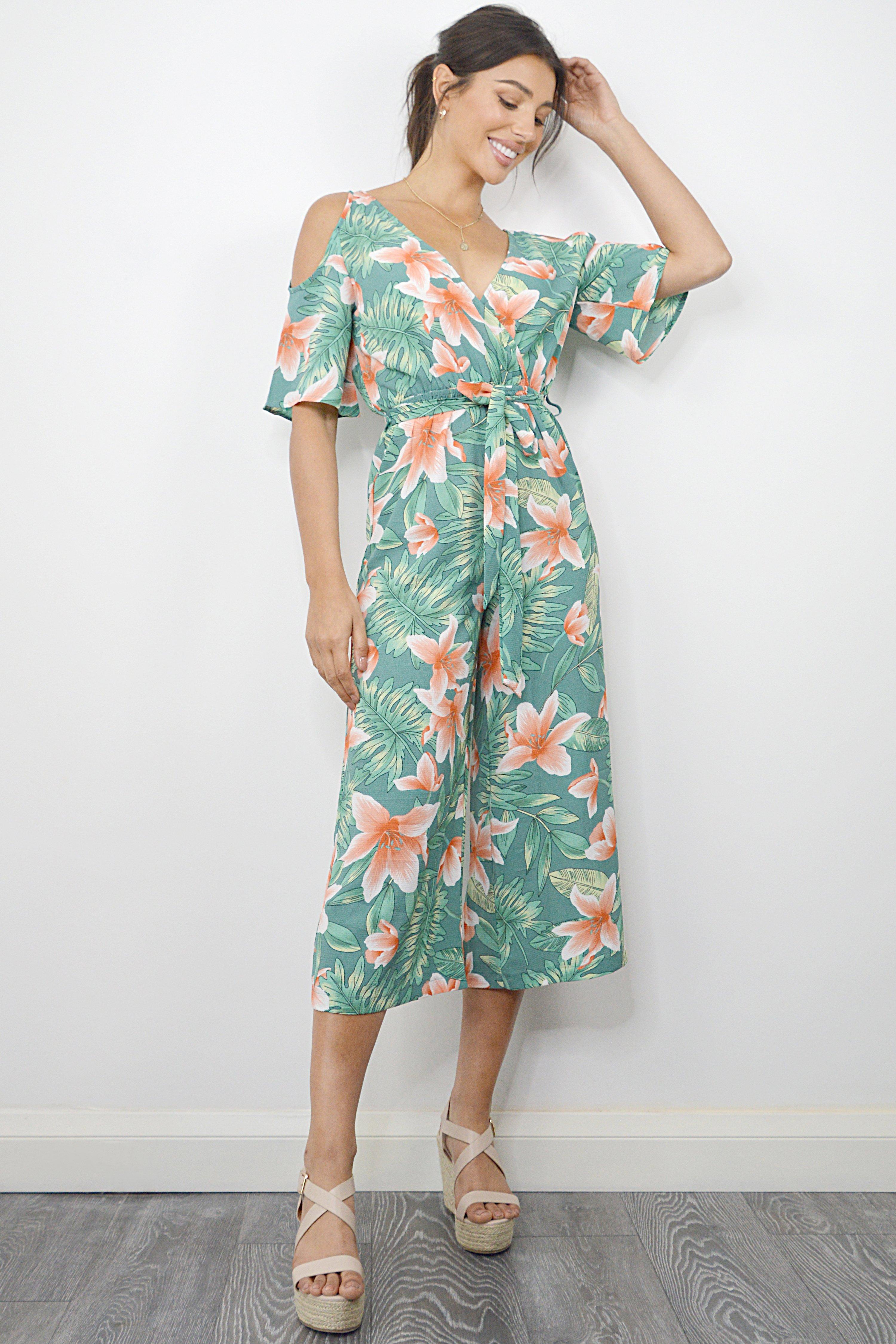 Green and Coral Tropical Cold Shoulder Jumpsuit