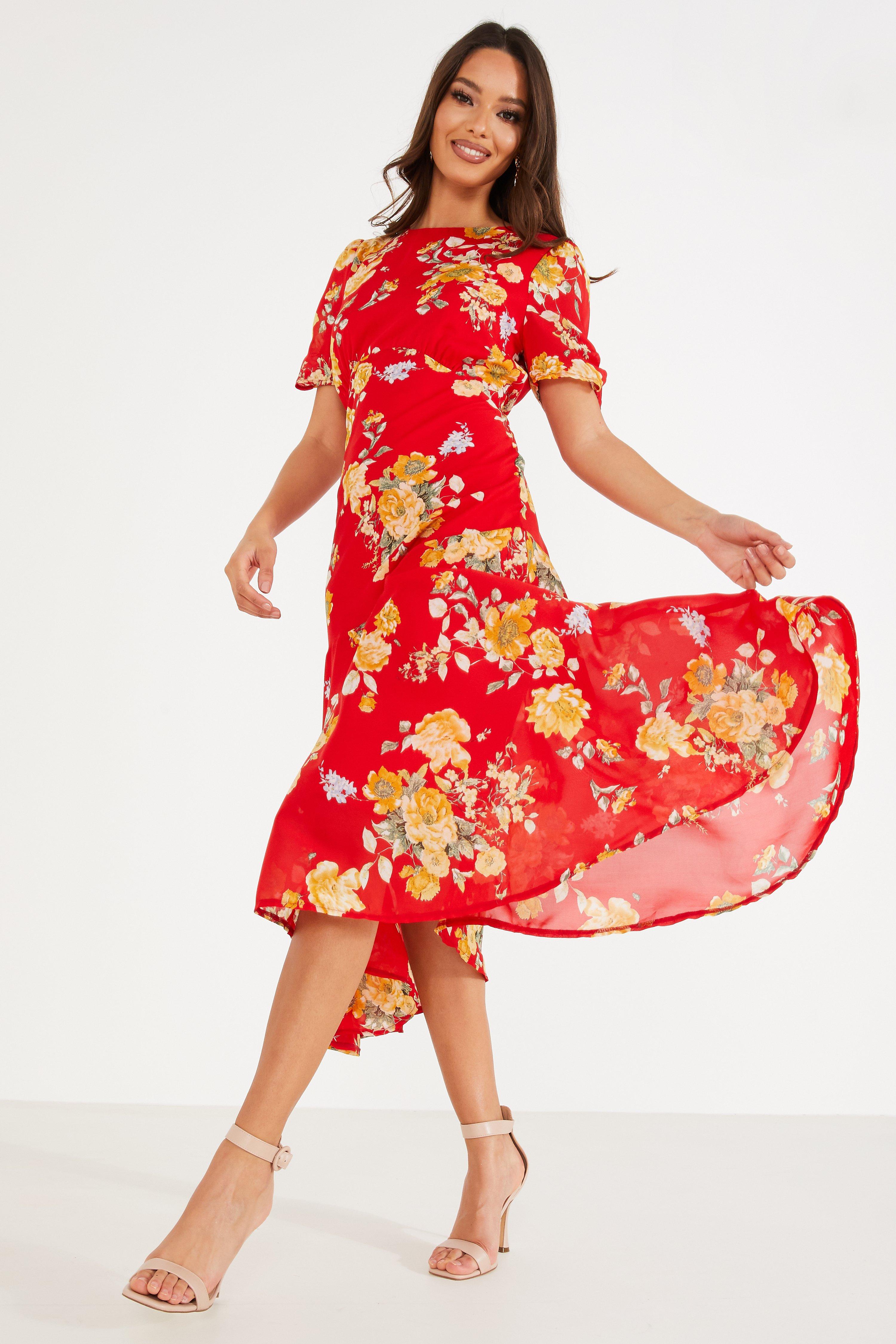 Red Floral Midi Dress