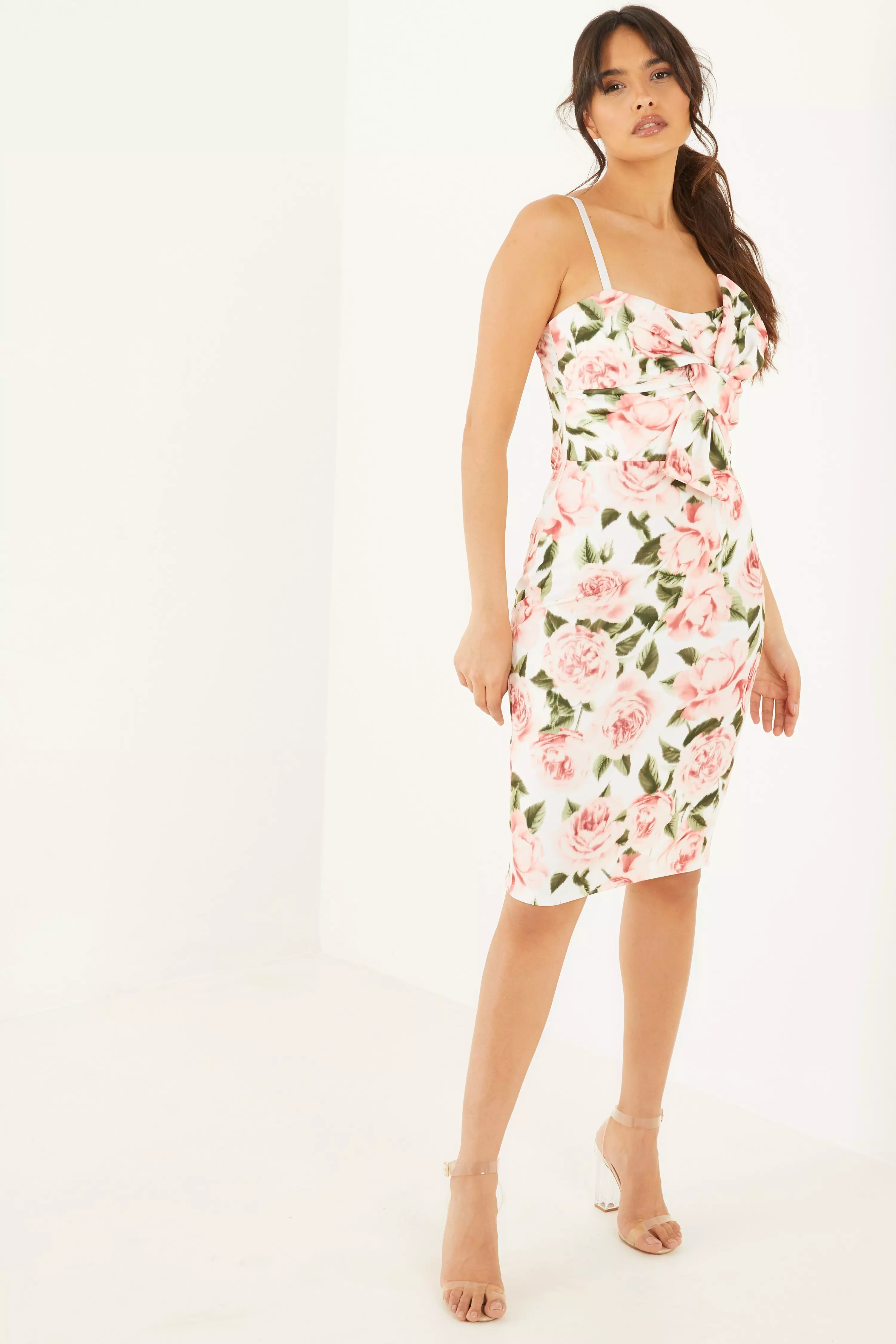 Cream Floral Bow Front Midi Dress QUIZ Clothing