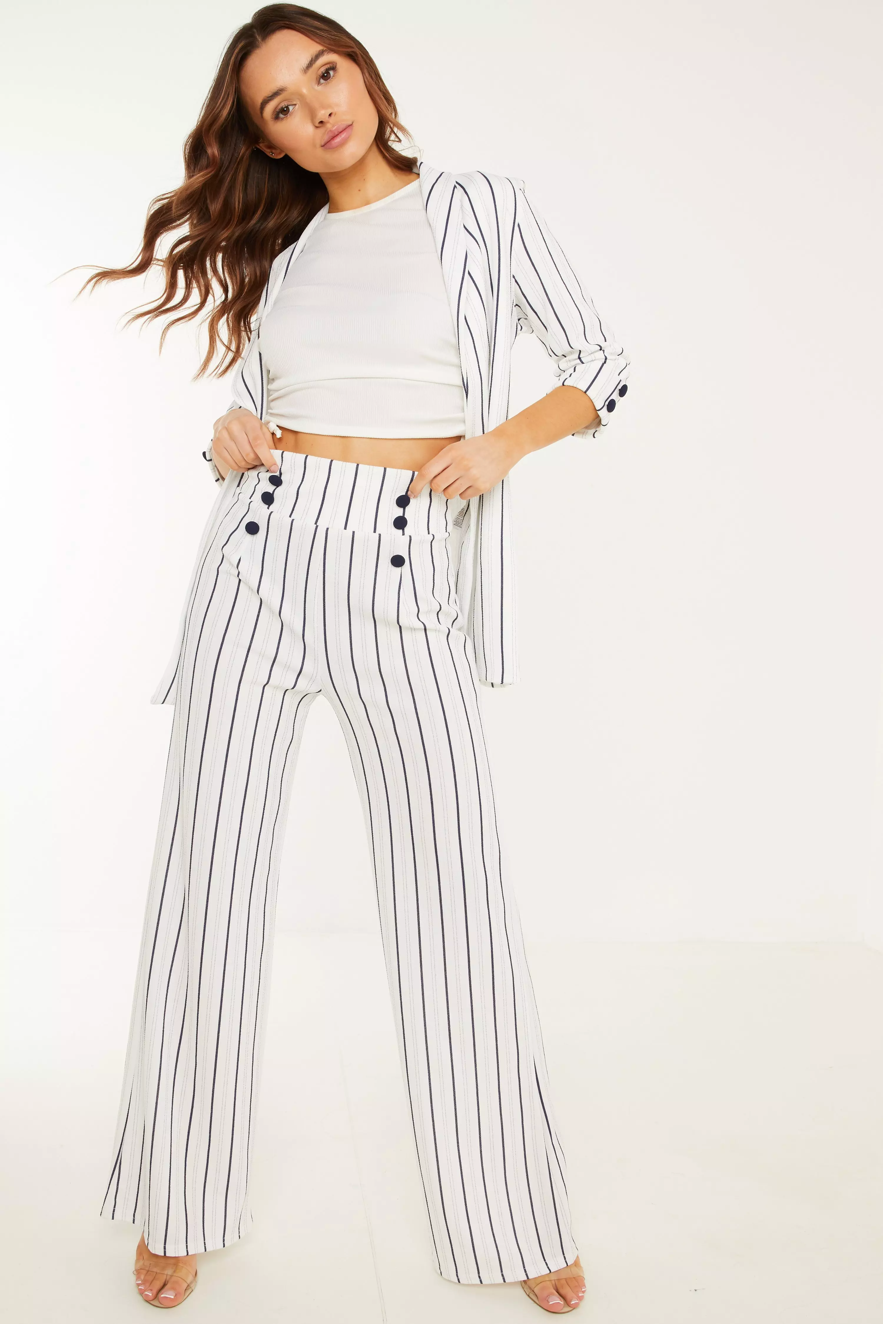 White & Navy Stripe Trouser - QUIZ Clothing