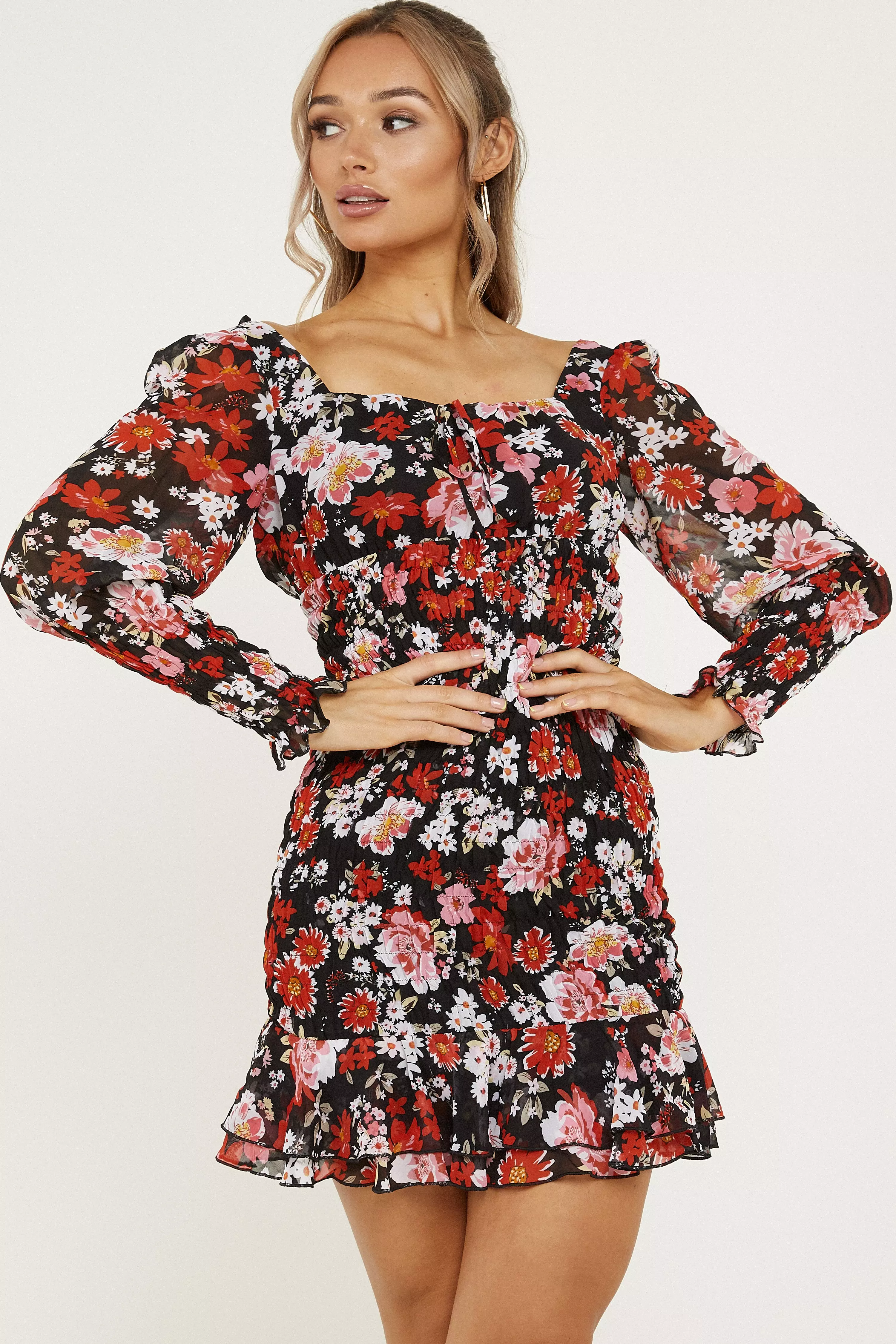 Red Floral Chiffon Bodycon Dress - QUIZ Clothing