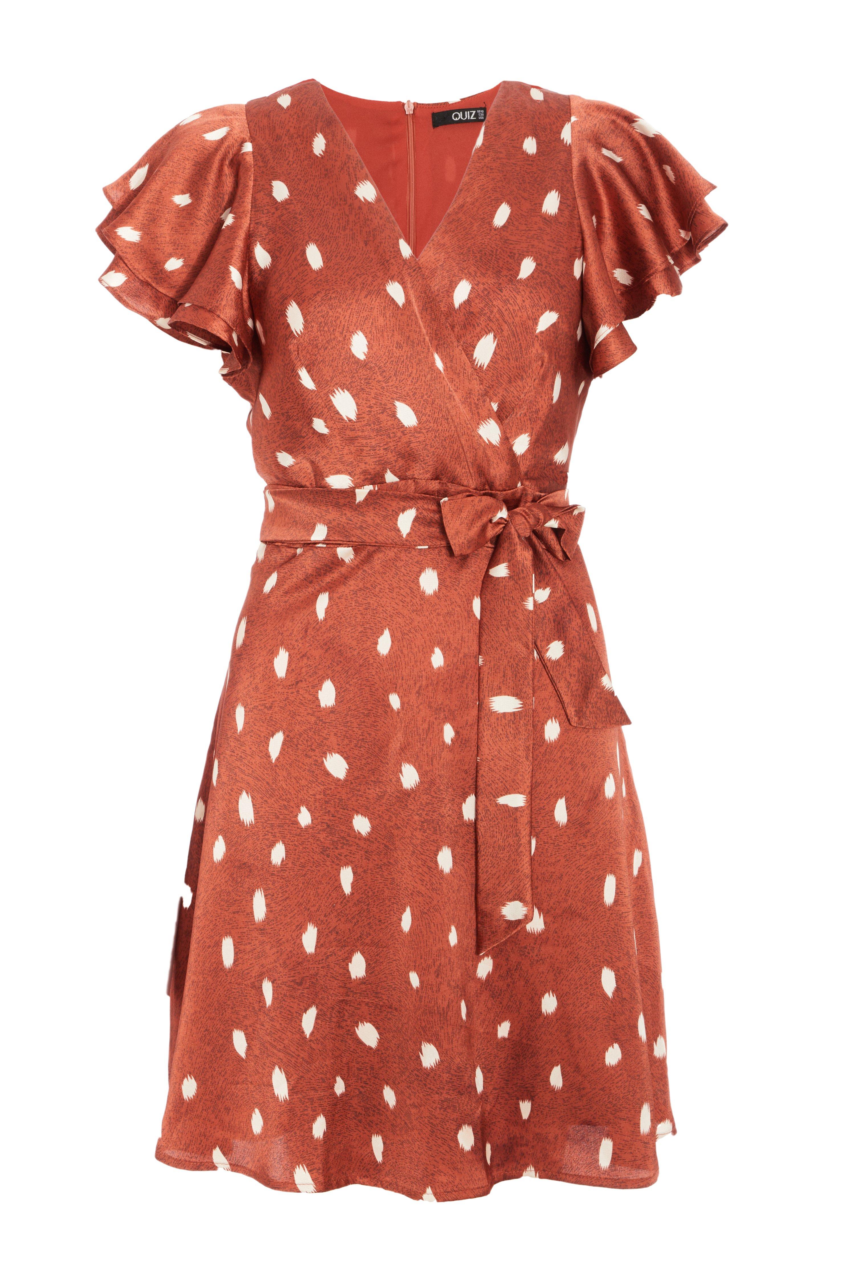 Rust Satin Polka Dot Skater Dress QUIZ Clothing