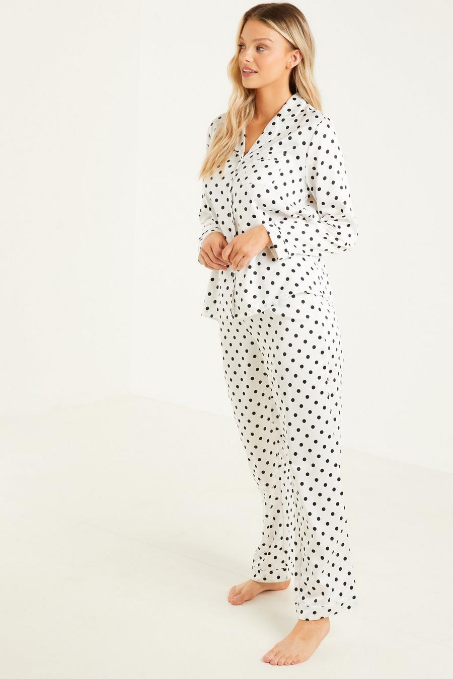 White Polka Dot Long Pyjama Set Quiz Clothing