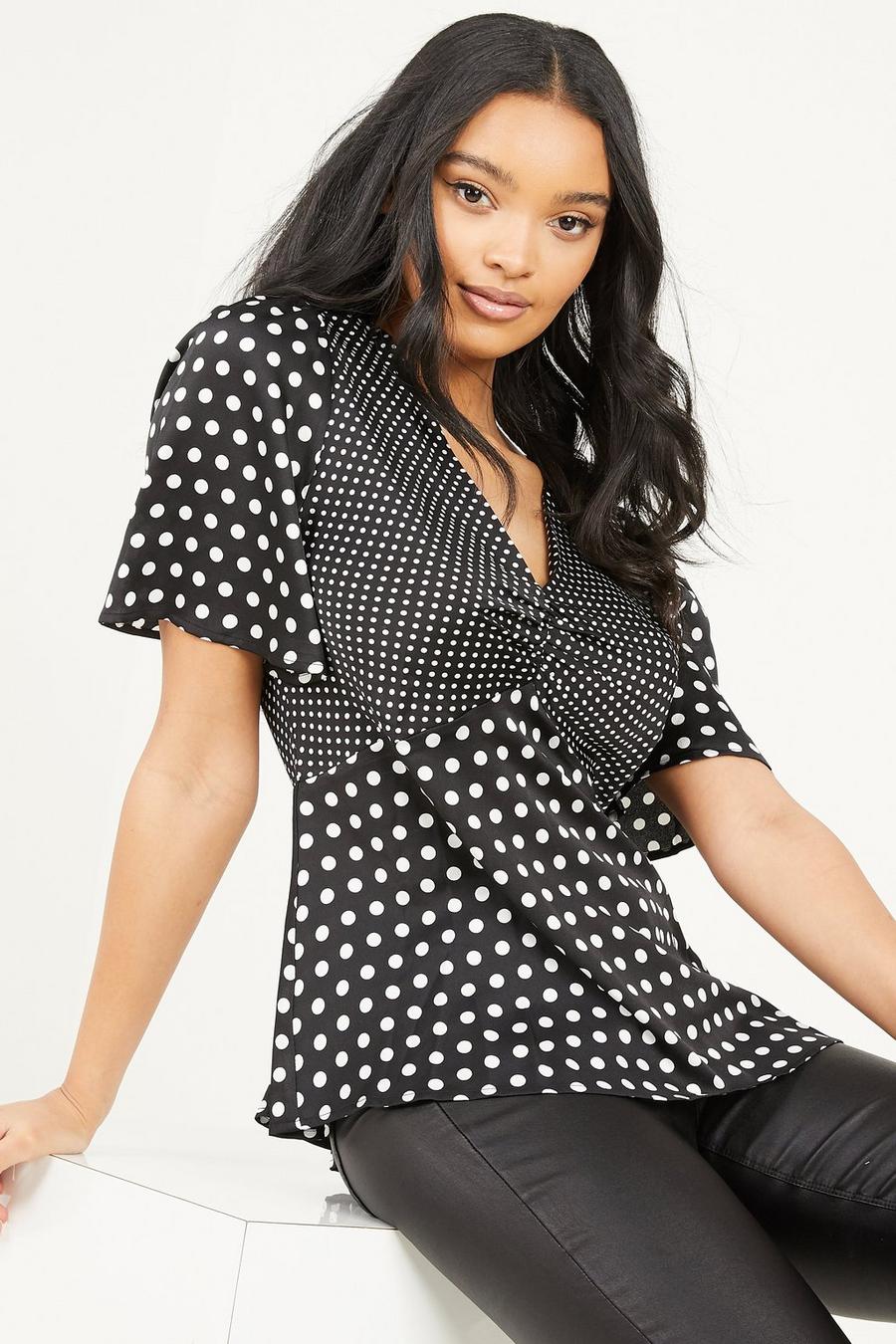 Black Satin Polka Dot Peplum Top - Quiz Clothing