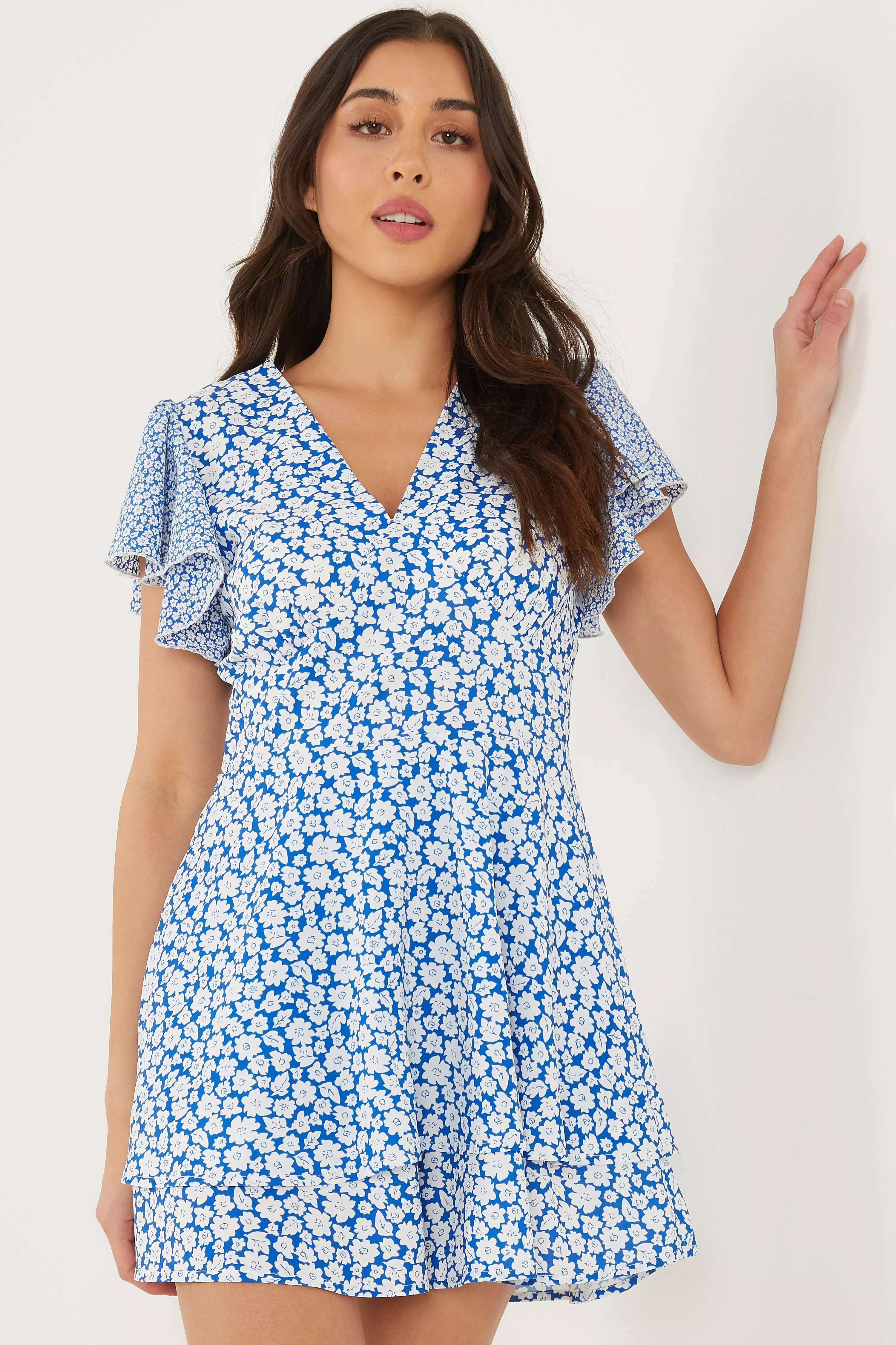 Blue Floral Frill Playsuit QUIZ Clothing