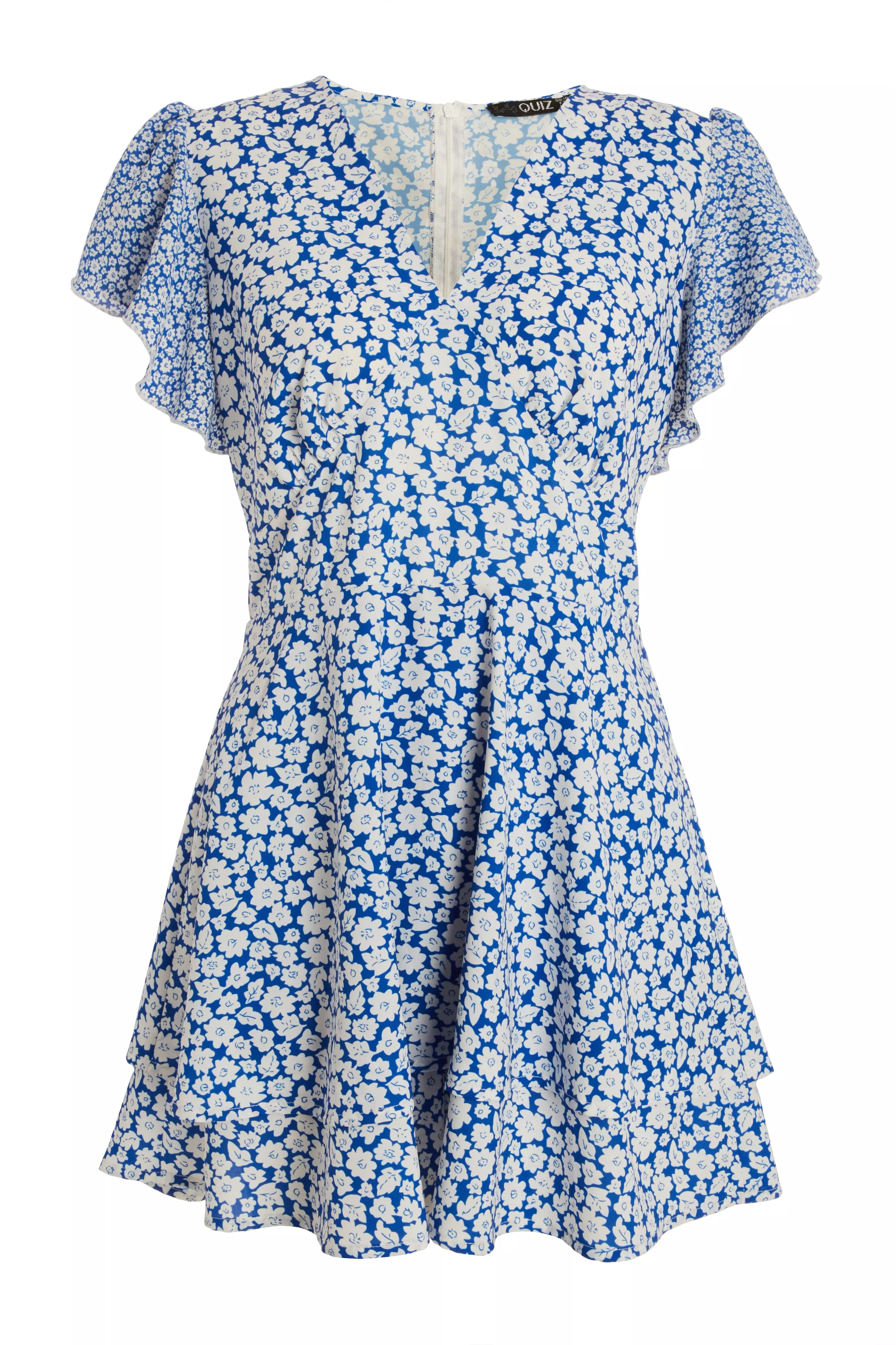 Blue Floral Frill Playsuit QUIZ Clothing