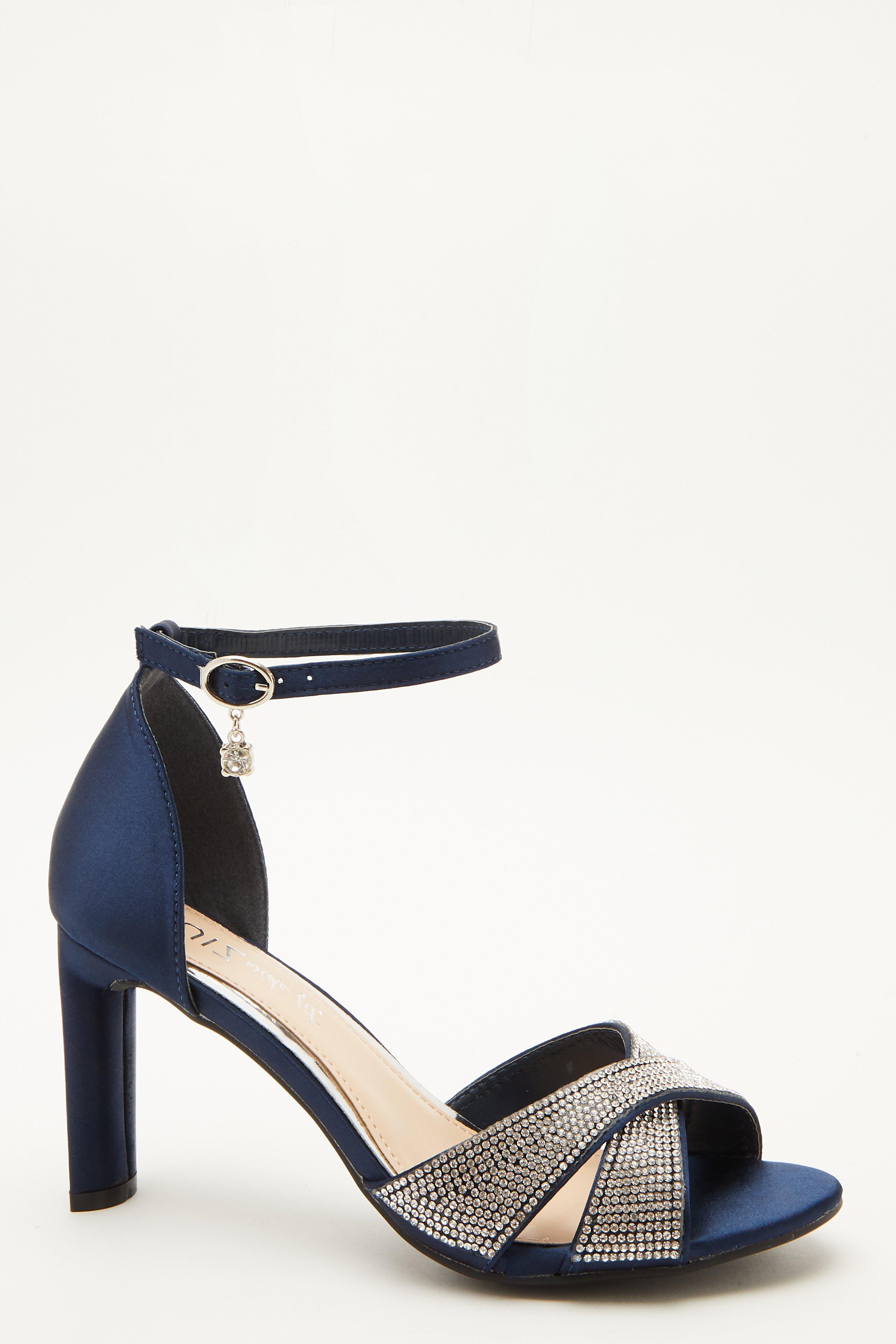 Wide Fit Navy Diamante Heeled Sandal QUIZ Clothing