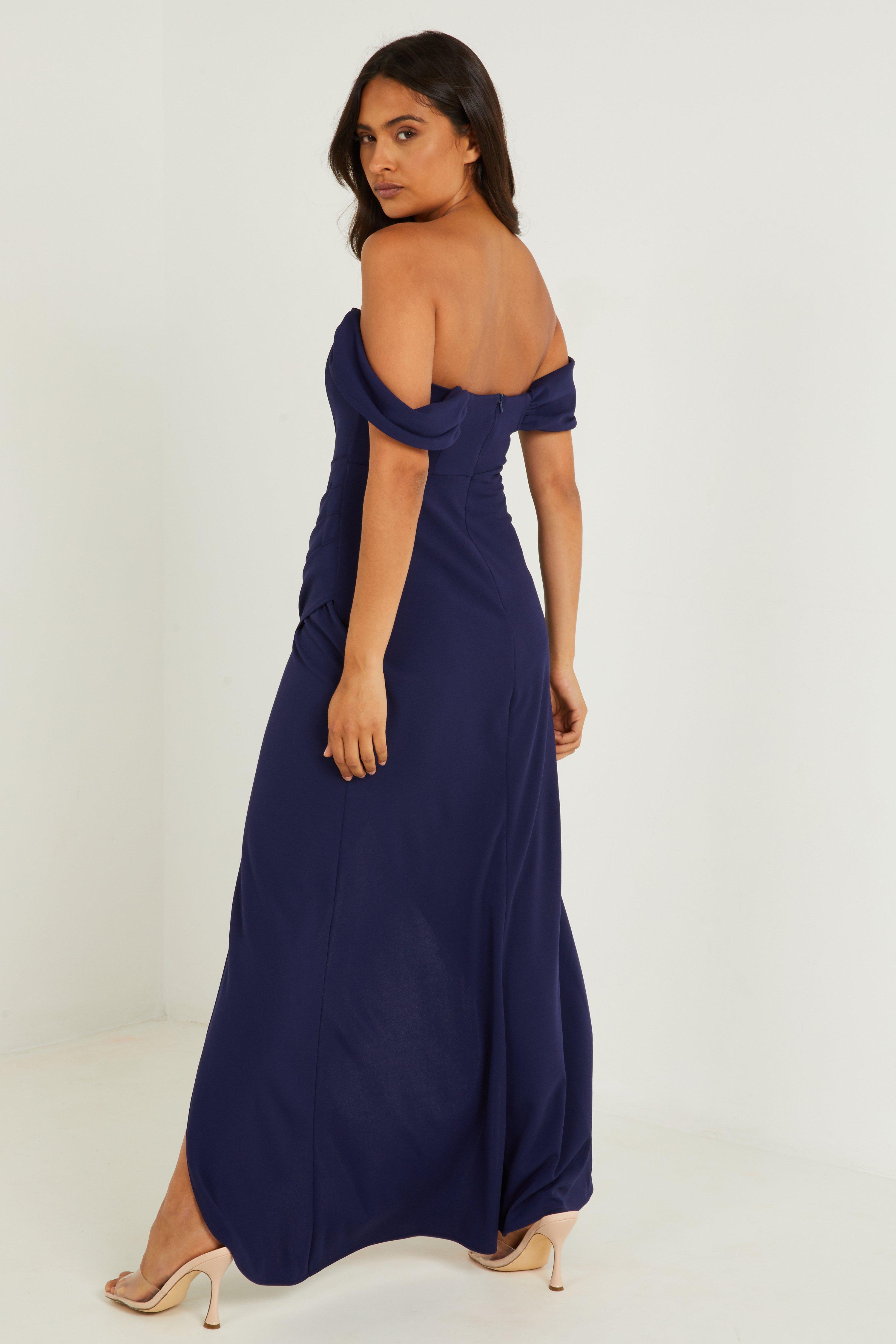 Navy bardot hotsell split maxi dress