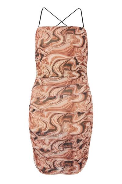 Brown Marble Print Ruched Mini Dress