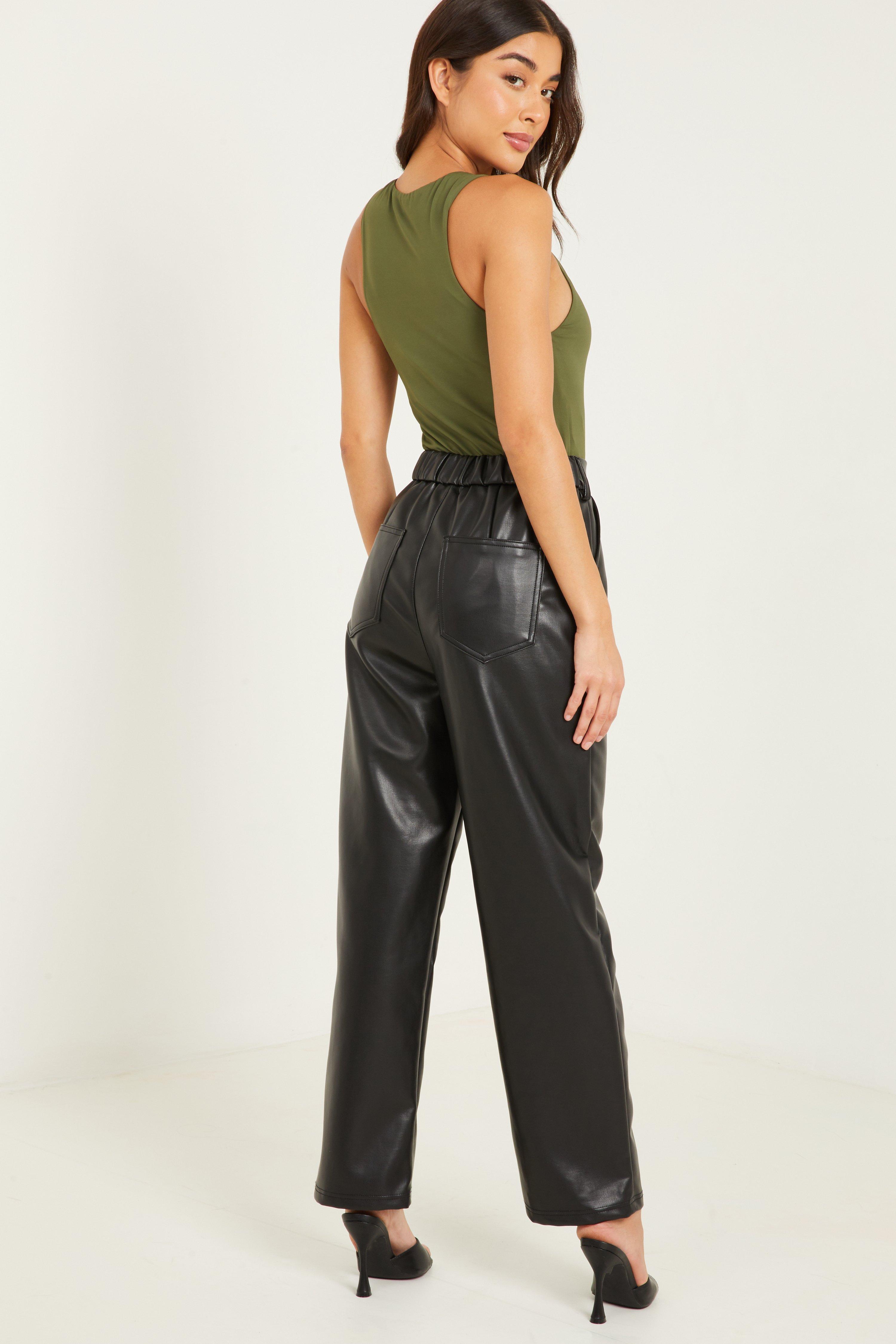 OLIVER BONAS Faux Leather Tapered Leg Trousers in Black