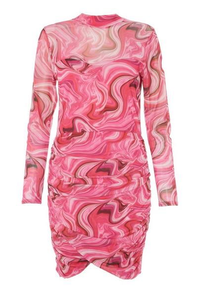 Pink Marble Print Ruched Bodycon Dress
