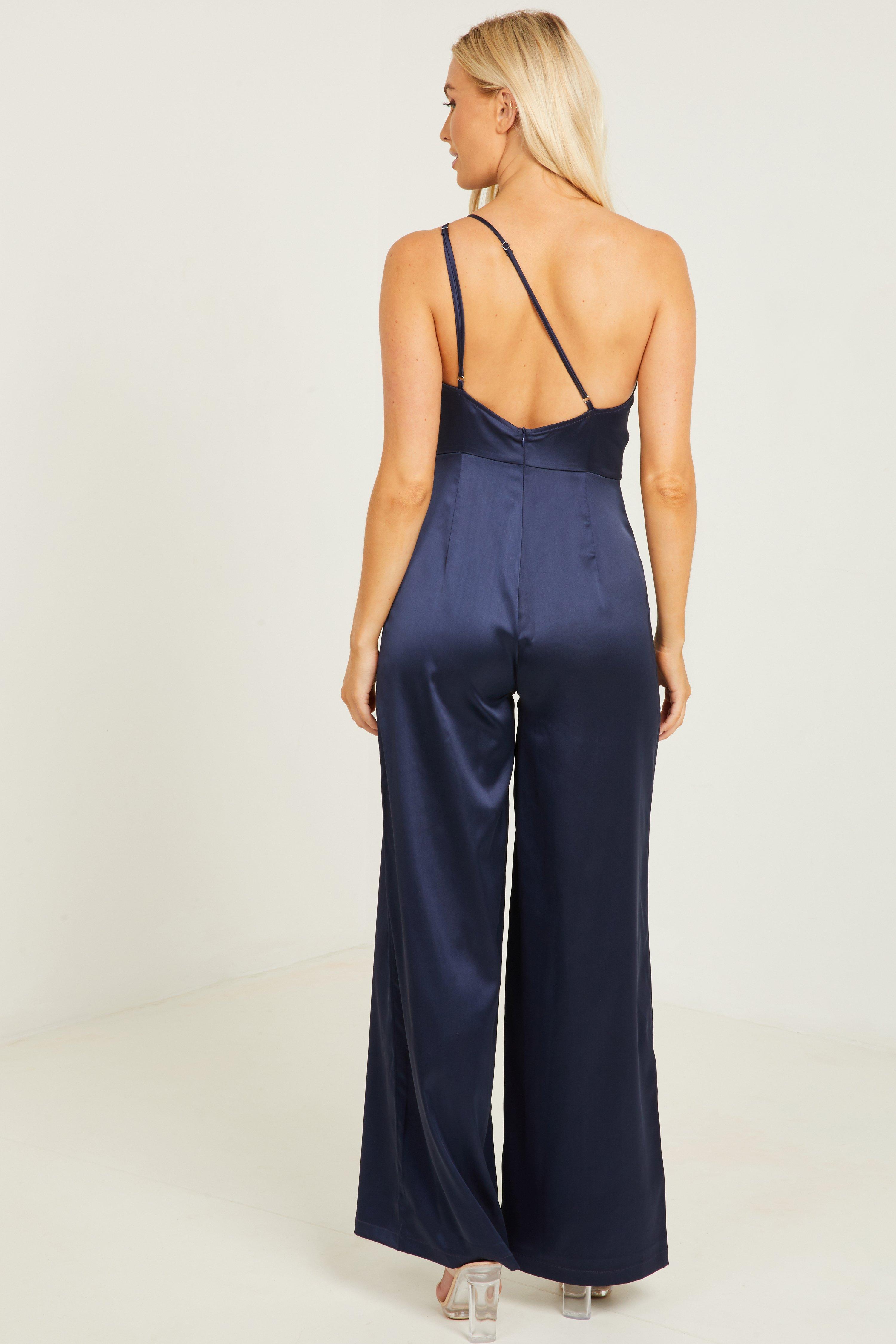 Navy Satin One Shoulder Palazzo Jumpsuit<!-- --> - <!-- -->QUIZ Clothing