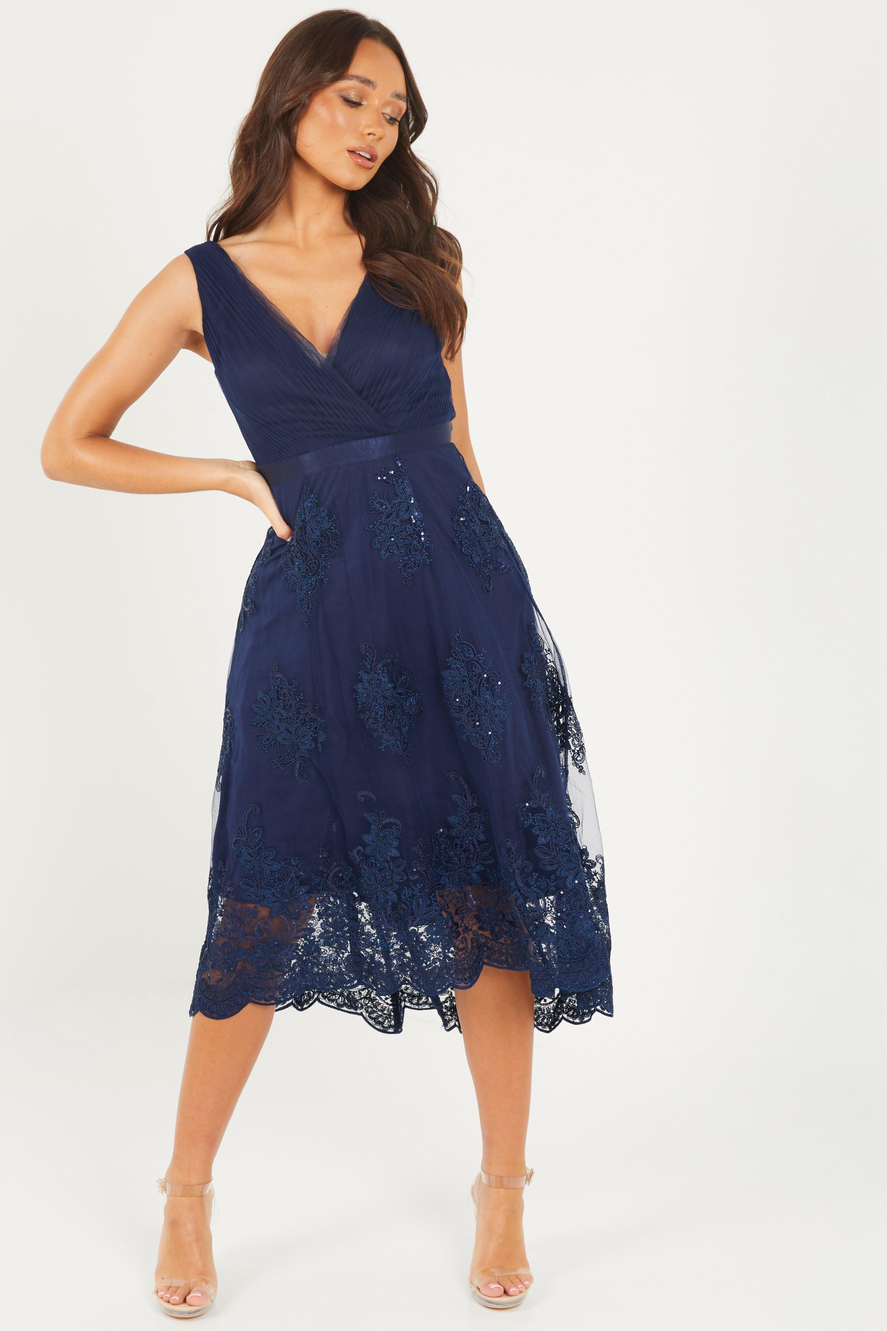 Navy and silver shop lace dip hem dress