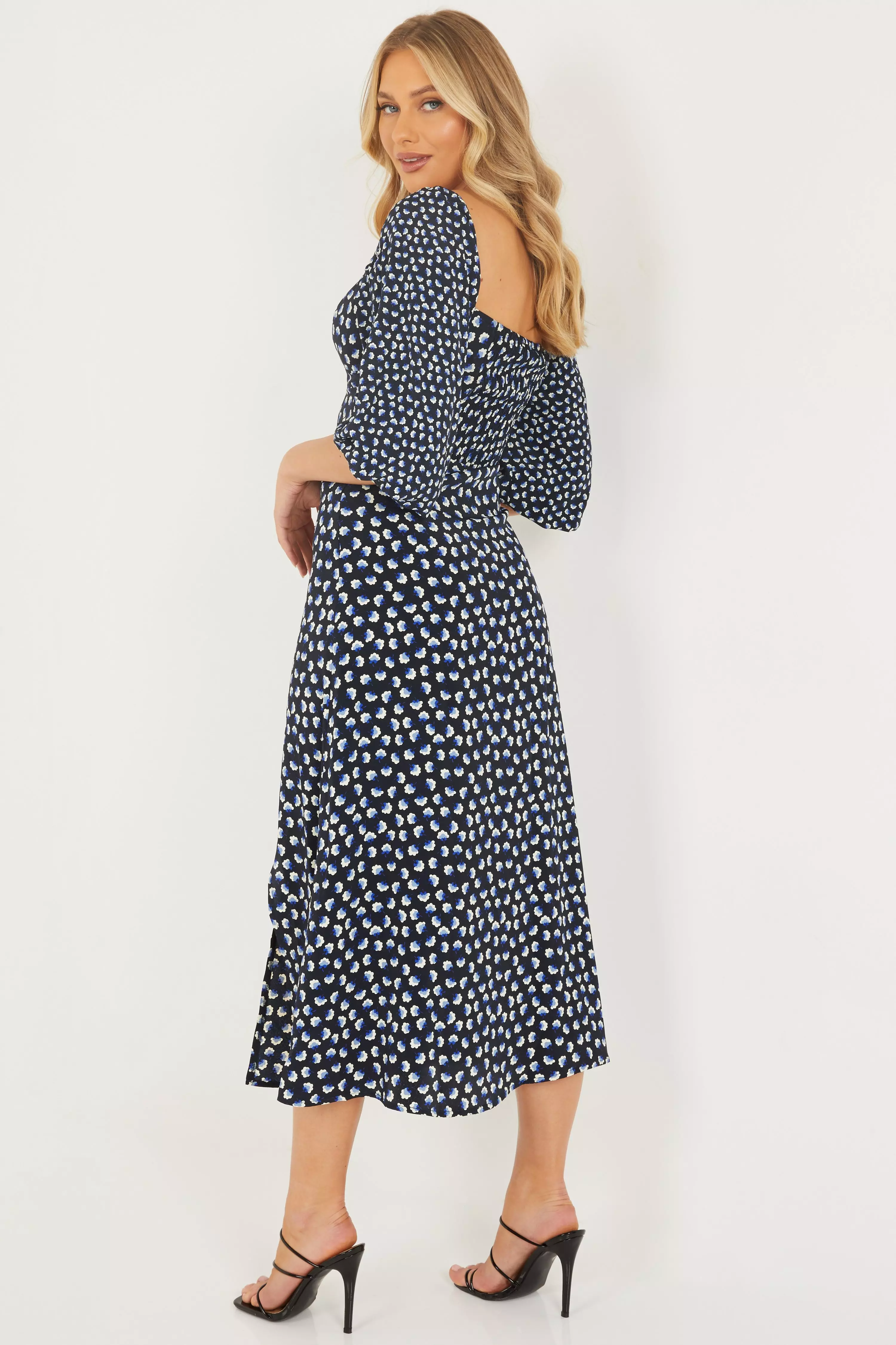 Blue Floral Split Front Midi Dress QUIZ Clothing
