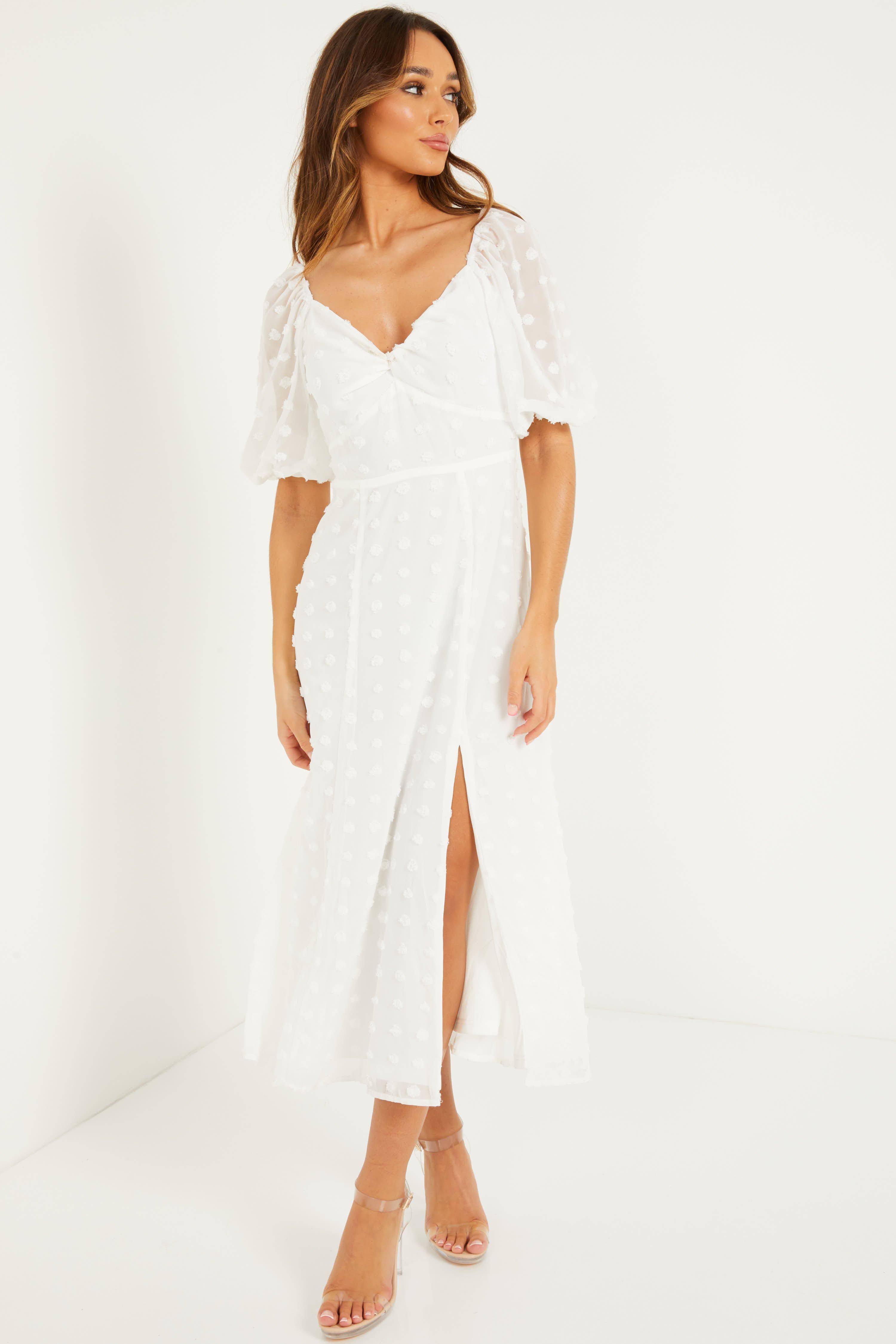 White Chiffon Polka Dot Midi Dress