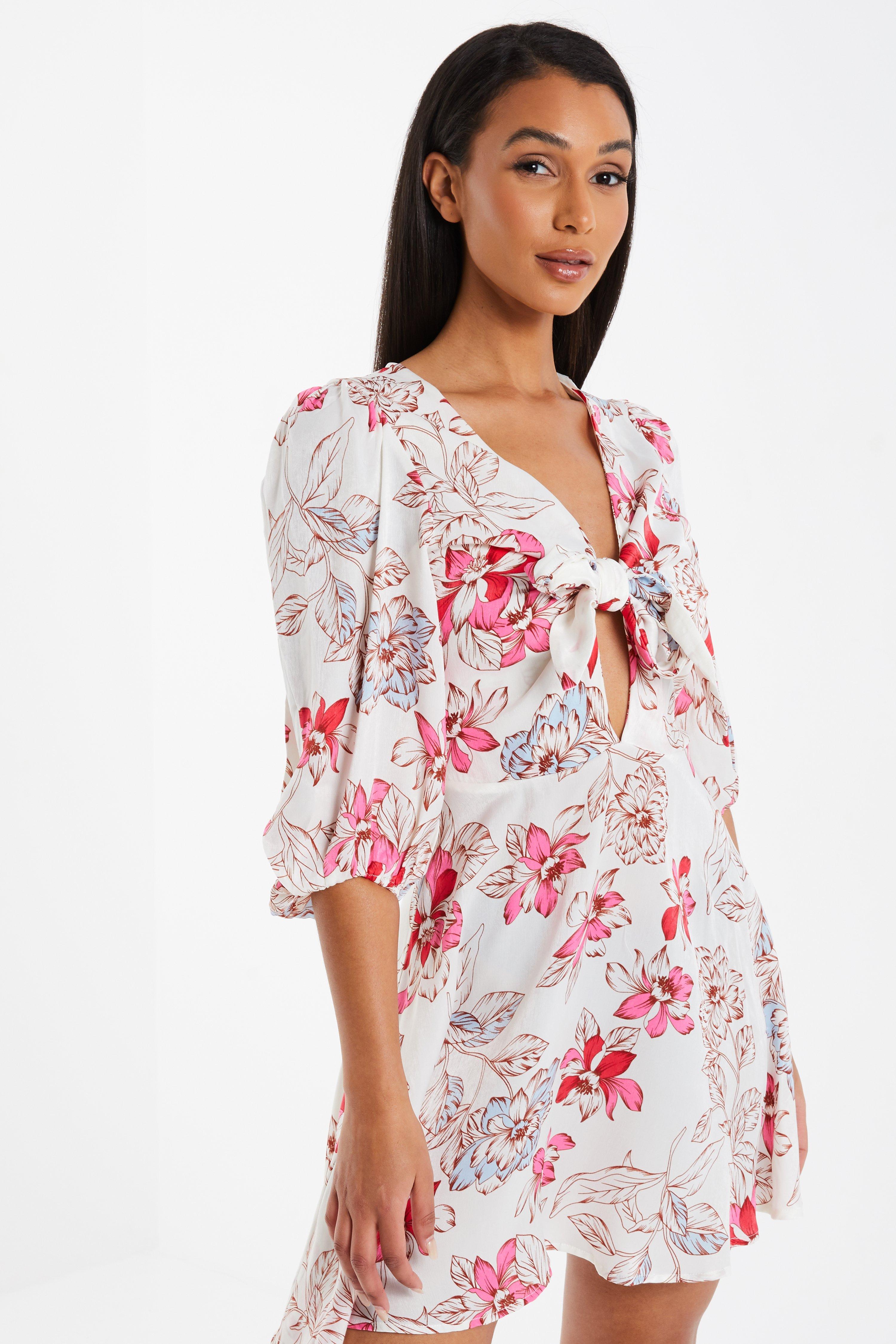 Pink Floral Satin Skater Dress