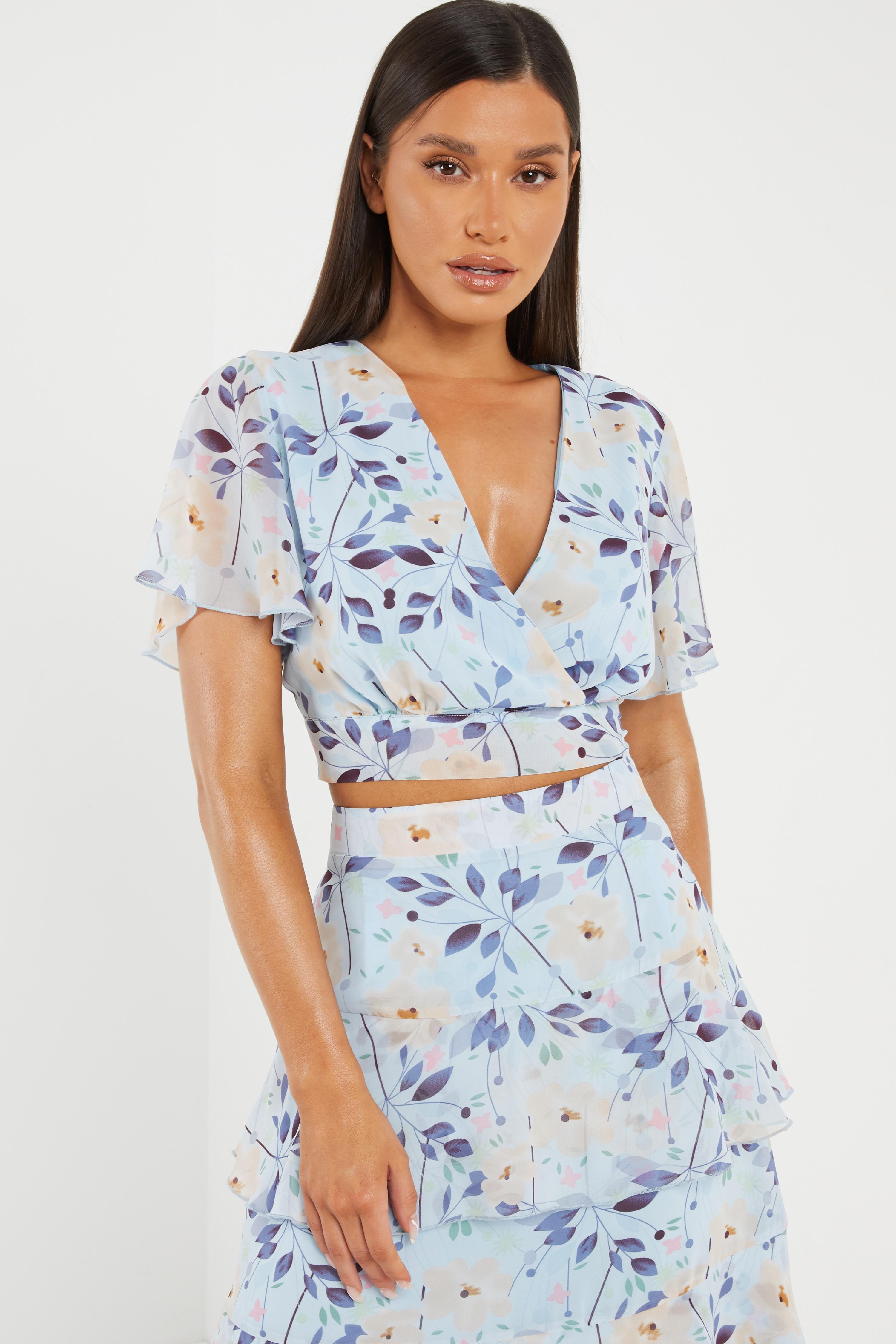Blue Chiffon Floral Crop Top