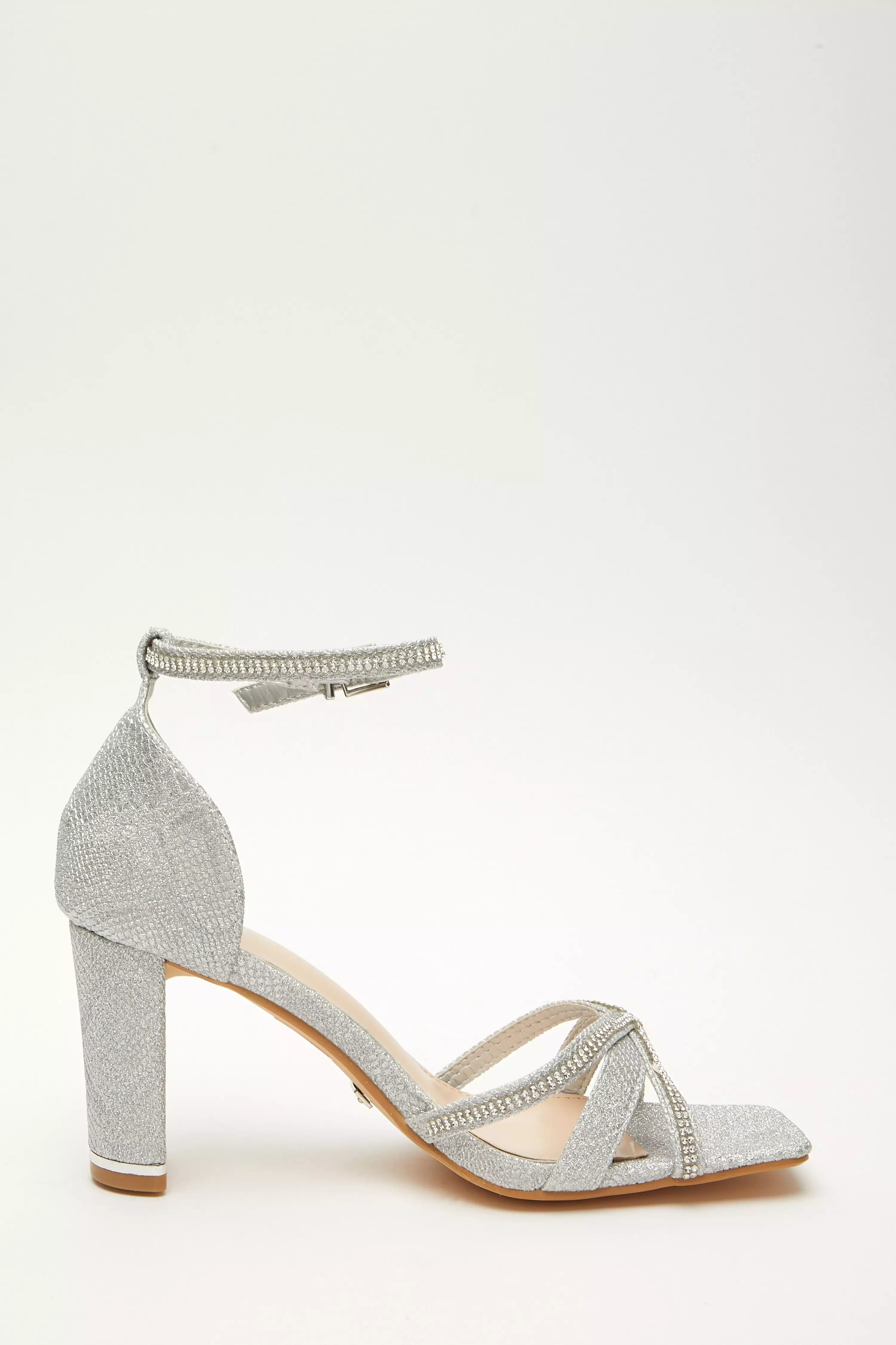Silver Shimmer Cross Strap Heeled Sandals - QUIZ Clothing