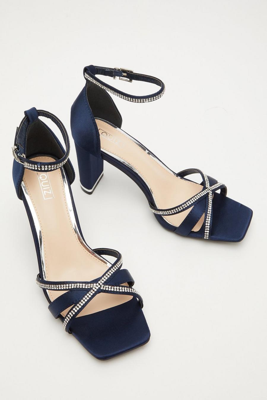 Navy Satin Cross Strap Heeled Sandals Quiz Clothing