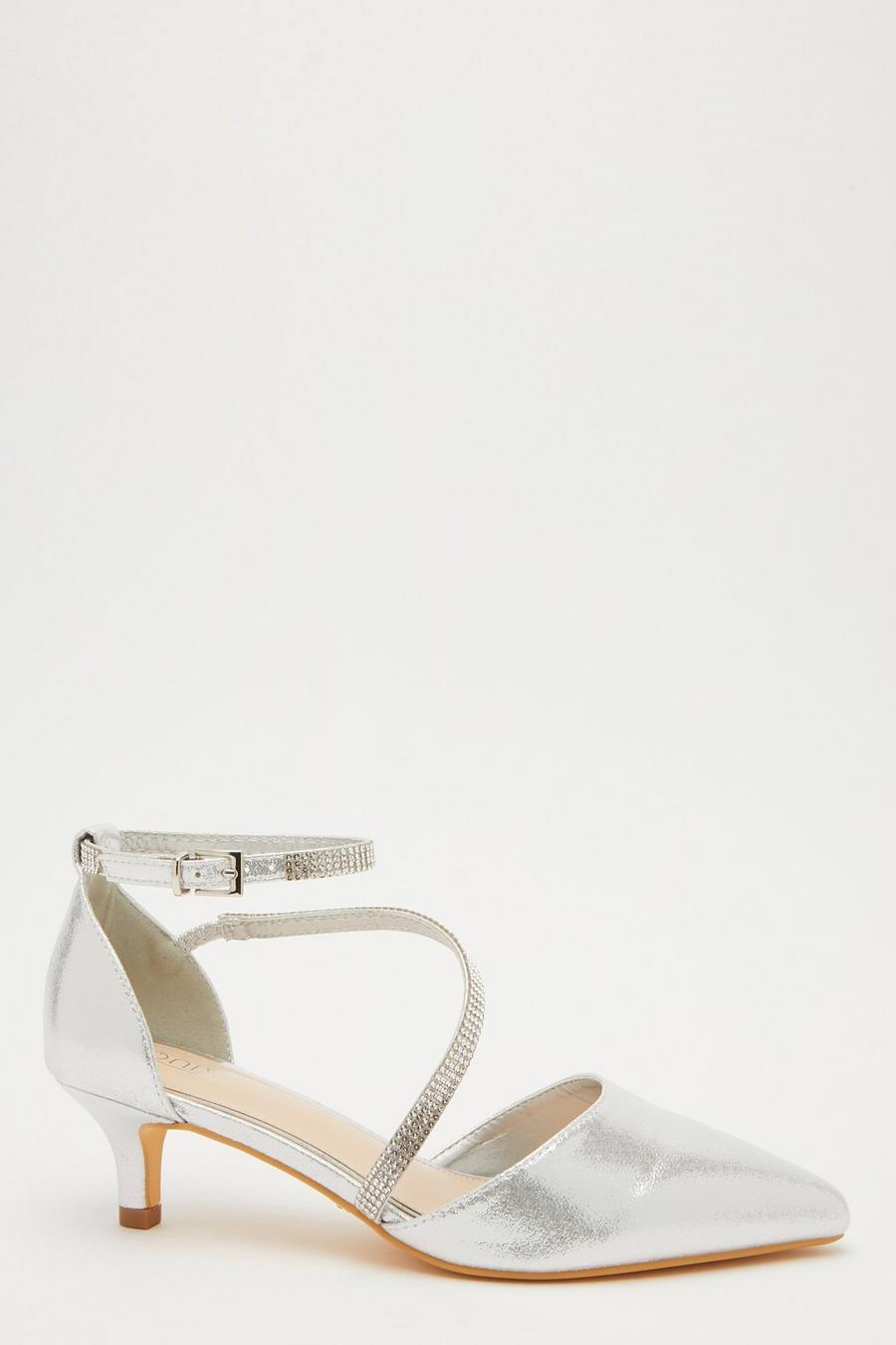 Quiz silver mid heel court best sale shoes