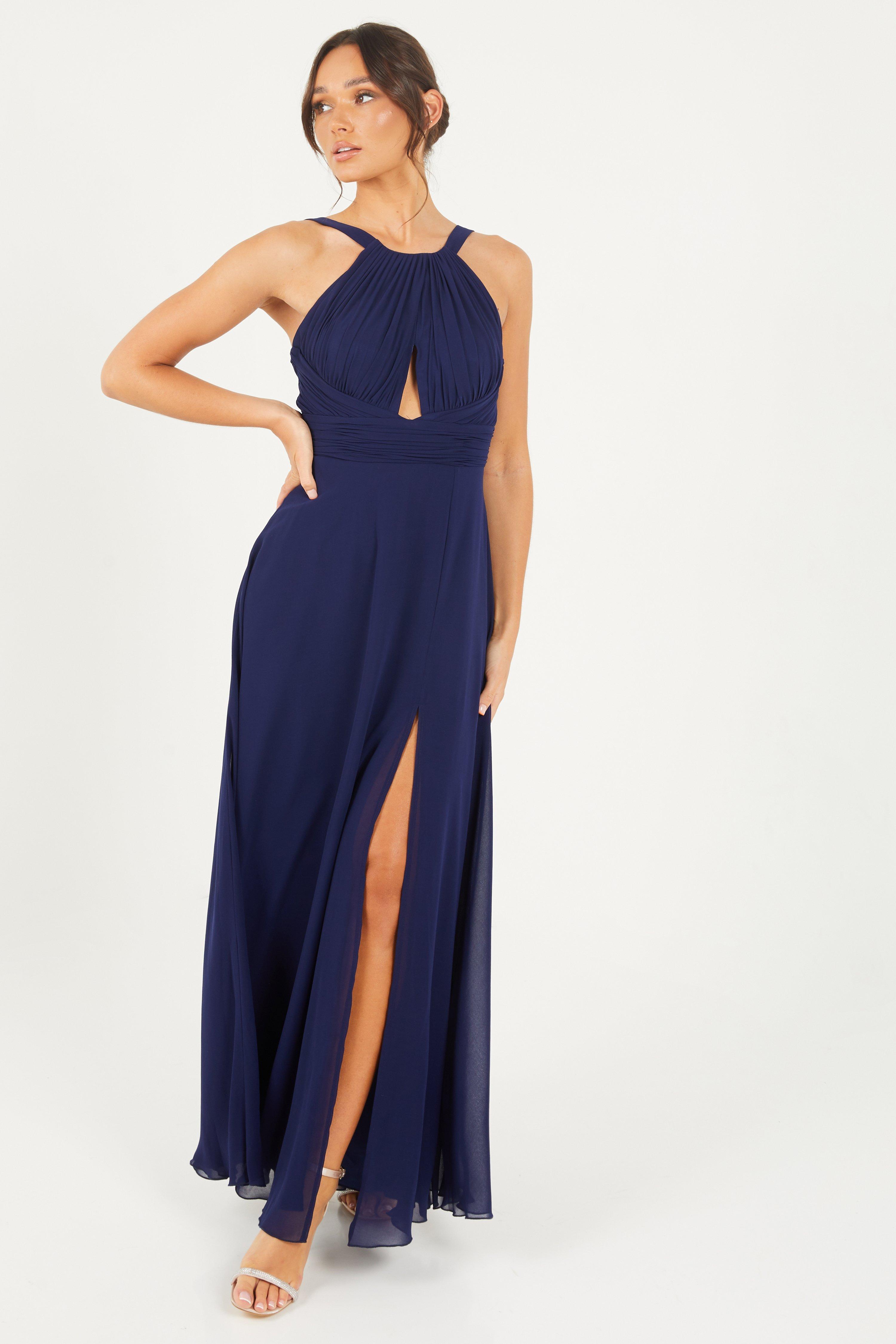 Navy Chiffon Pleated Maxi Dress