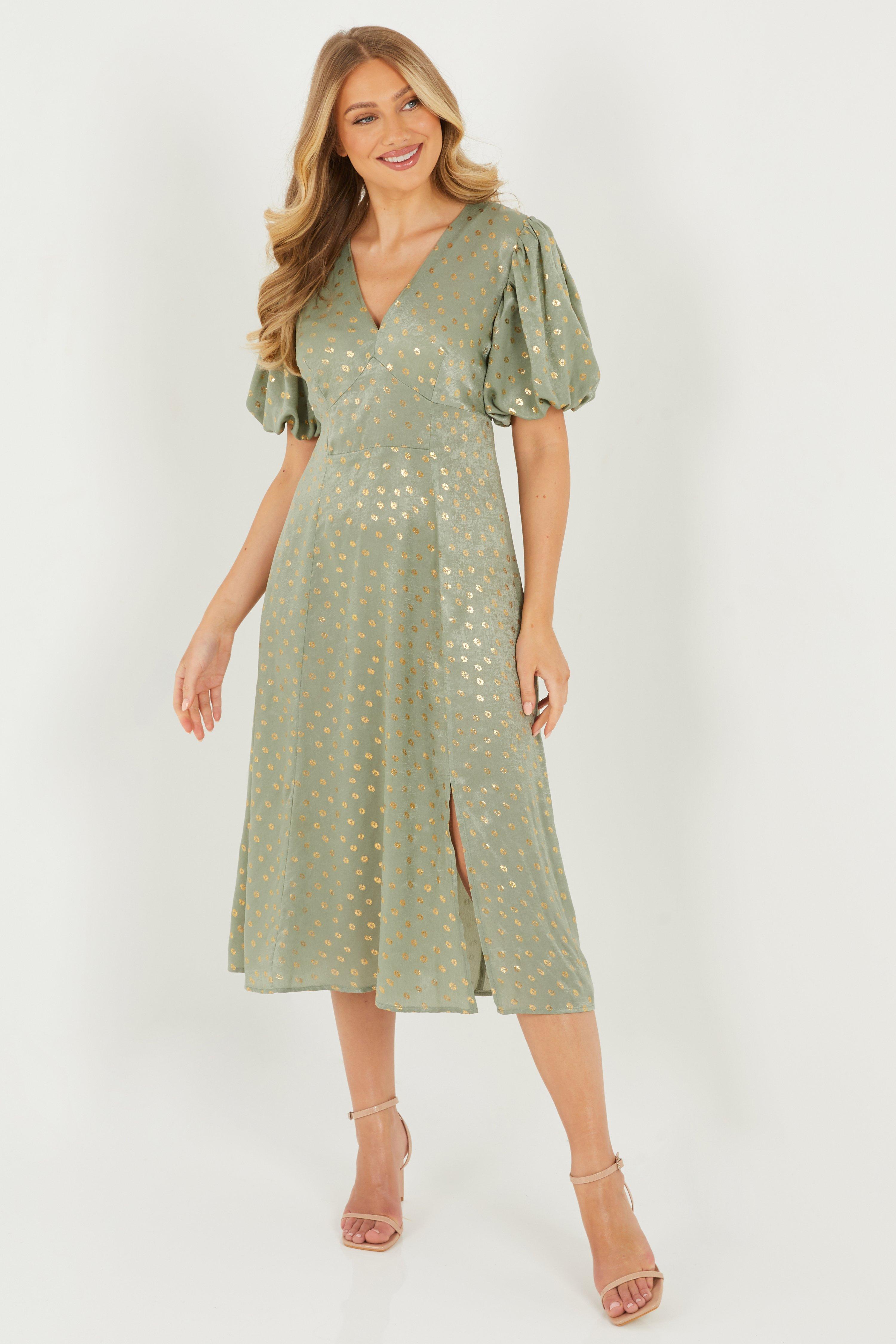 Khaki Satin Polka Dot Midi Dress