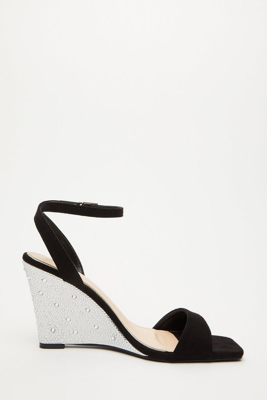 Black Diamante Wedges Quiz Clothing