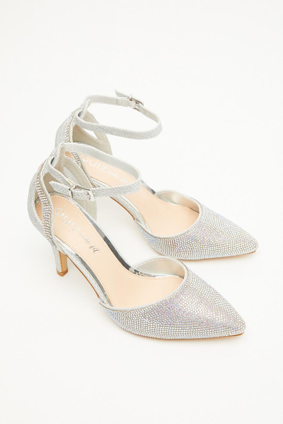 Silver Wide Fit Diamante Knot Mid Heeled Courts