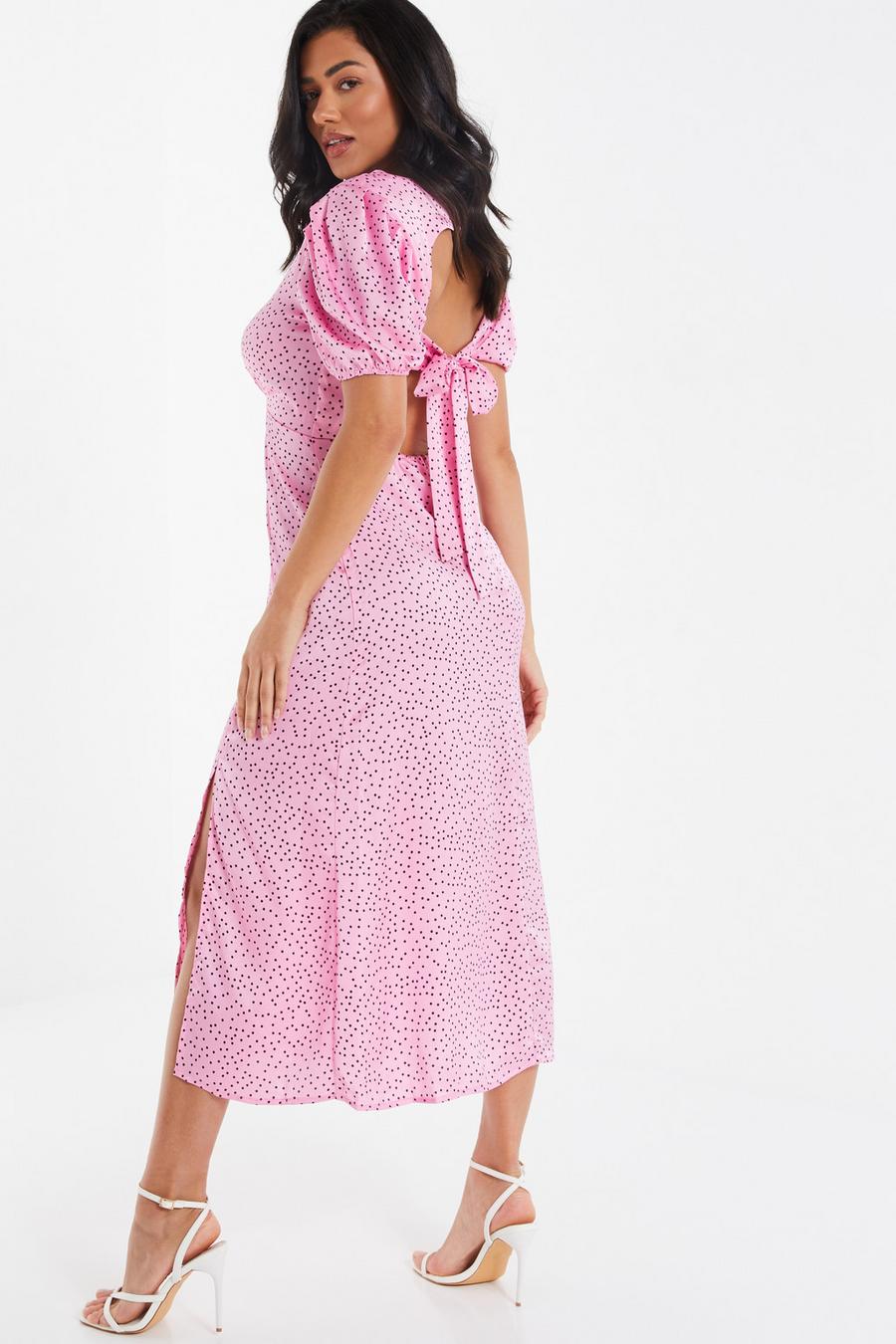 Pink Polka Dot Satin Midi Dress - Quiz Clothing
